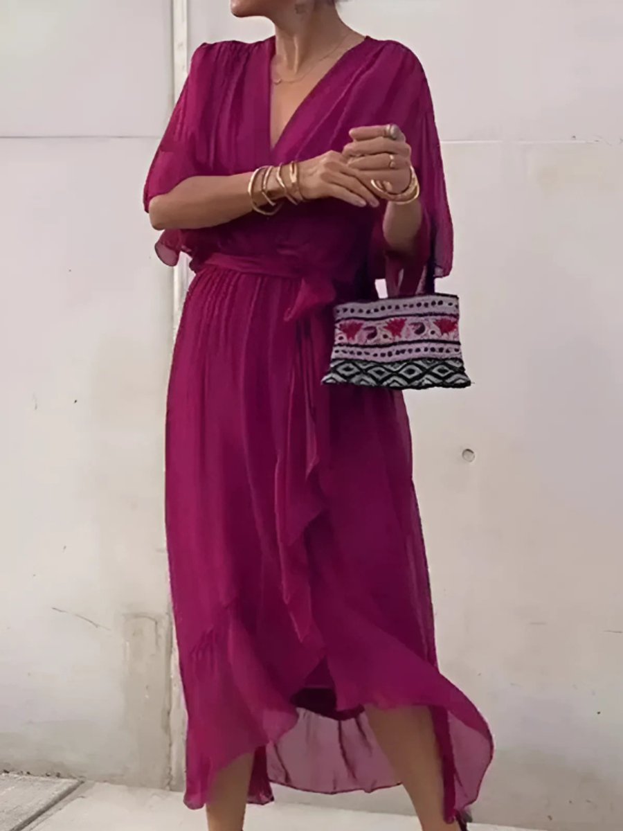 Women's Chiffon Wrap Summer Dress Midi Flowy V-Neck - Violet