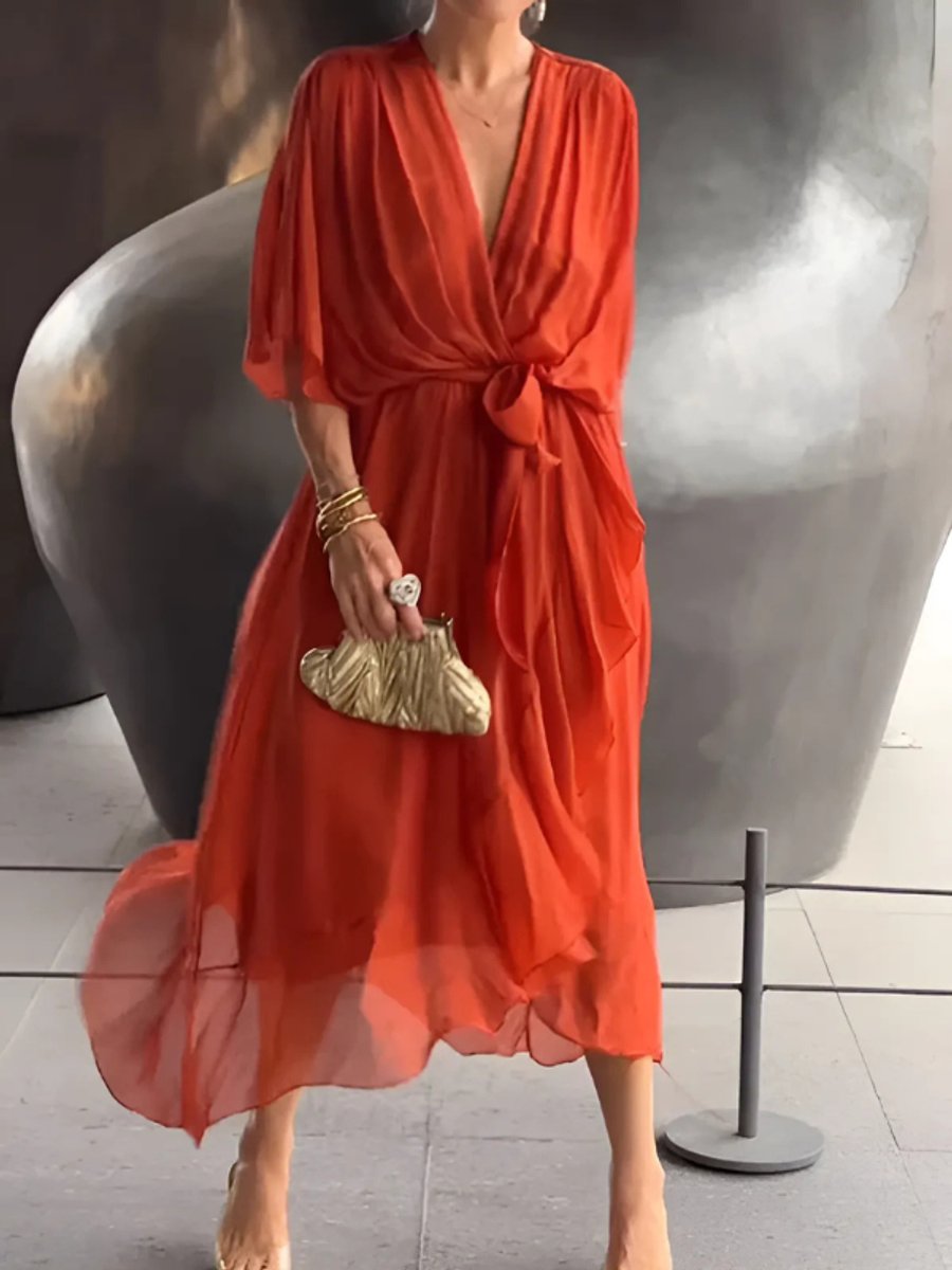 Women's Chiffon Wrap Summer Dress Midi Flowy V-Neck - Red Orange