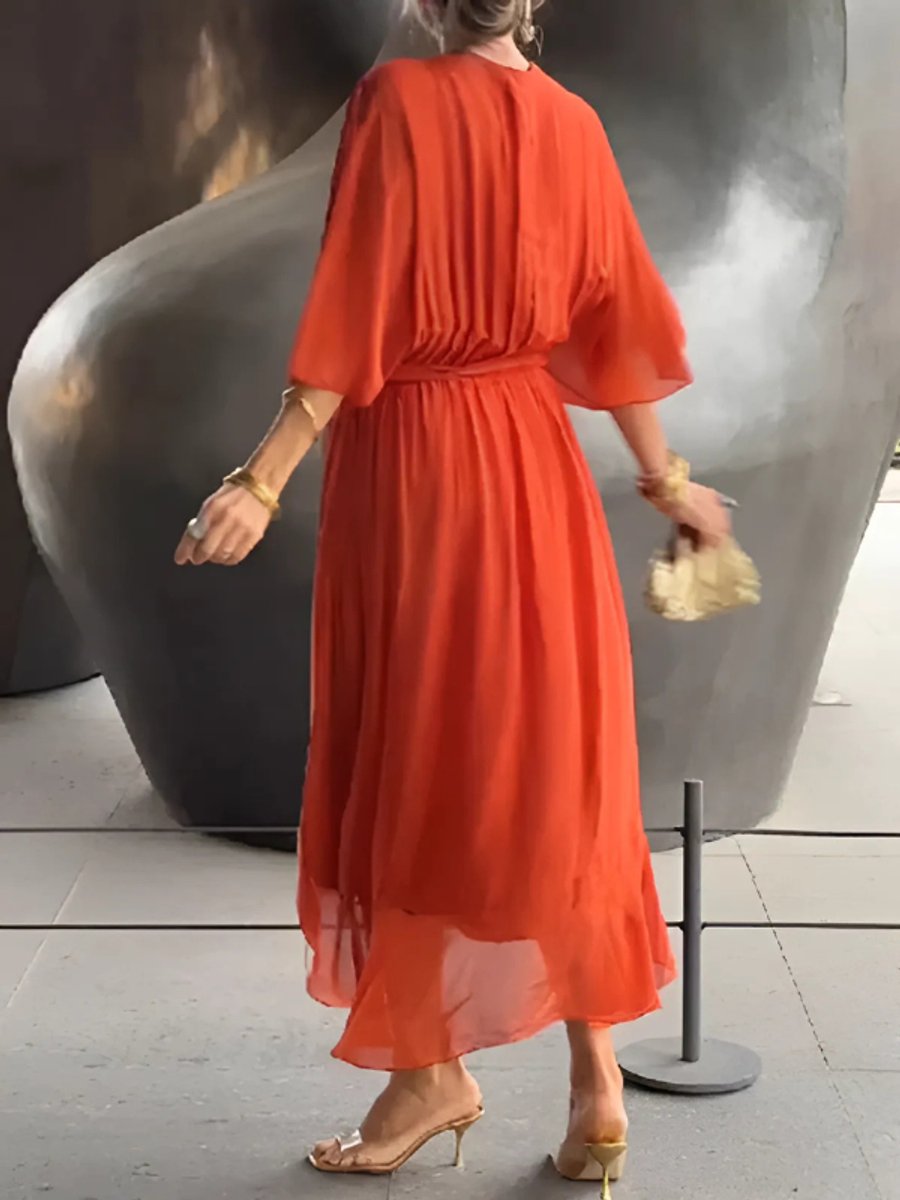 Women's Chiffon Wrap Summer Dress Midi Flowy V-Neck