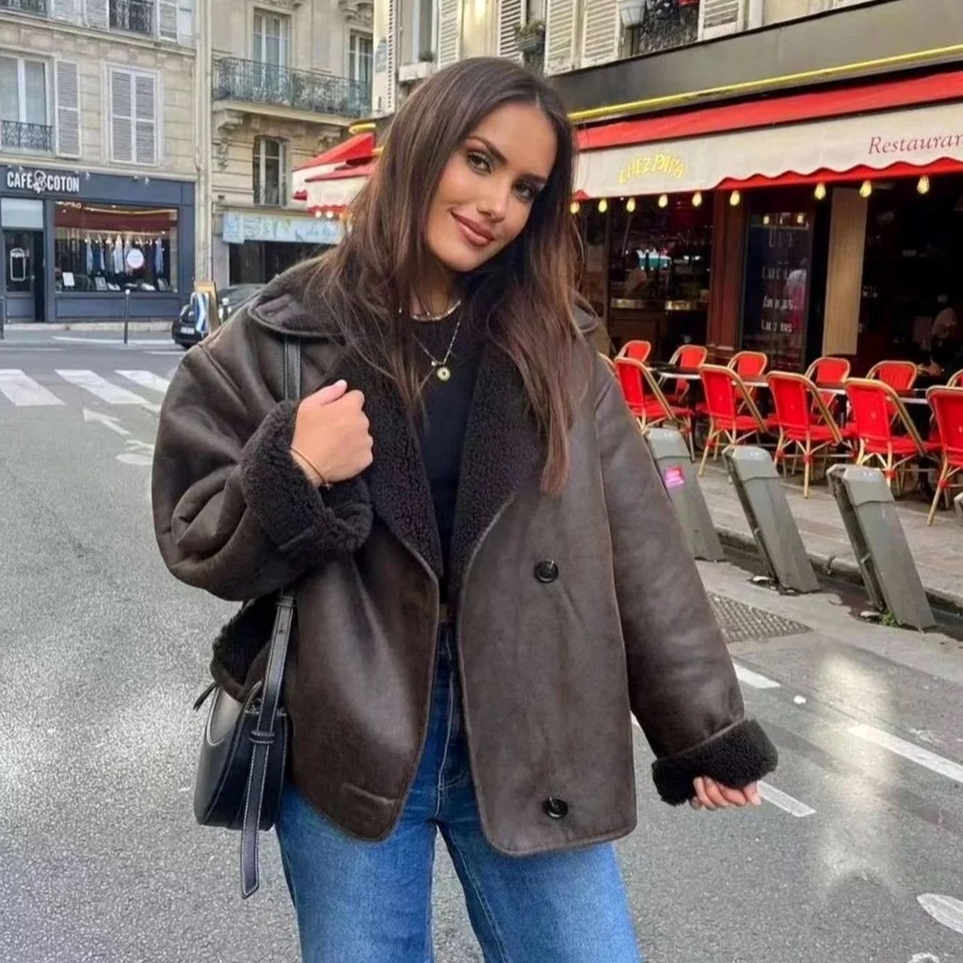 Women's Chocolate Brown Oversized Shearling-Lined Faux Leather Jacket - Brown