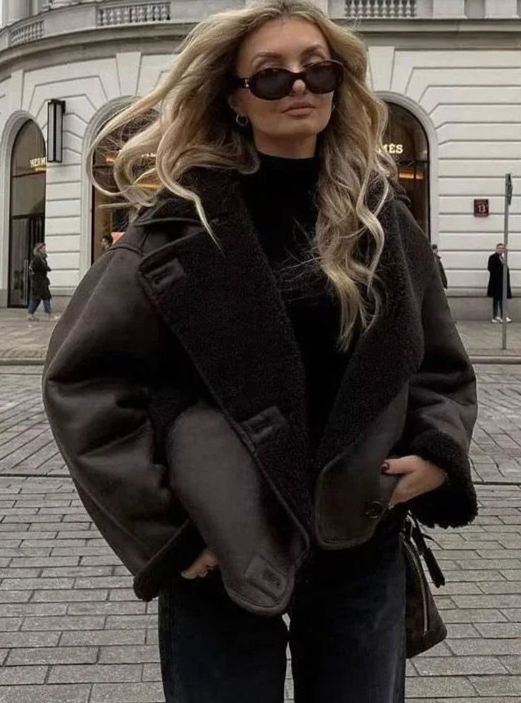 Women's Chocolate Brown Oversized Shearling-Lined Faux Leather Jacket
