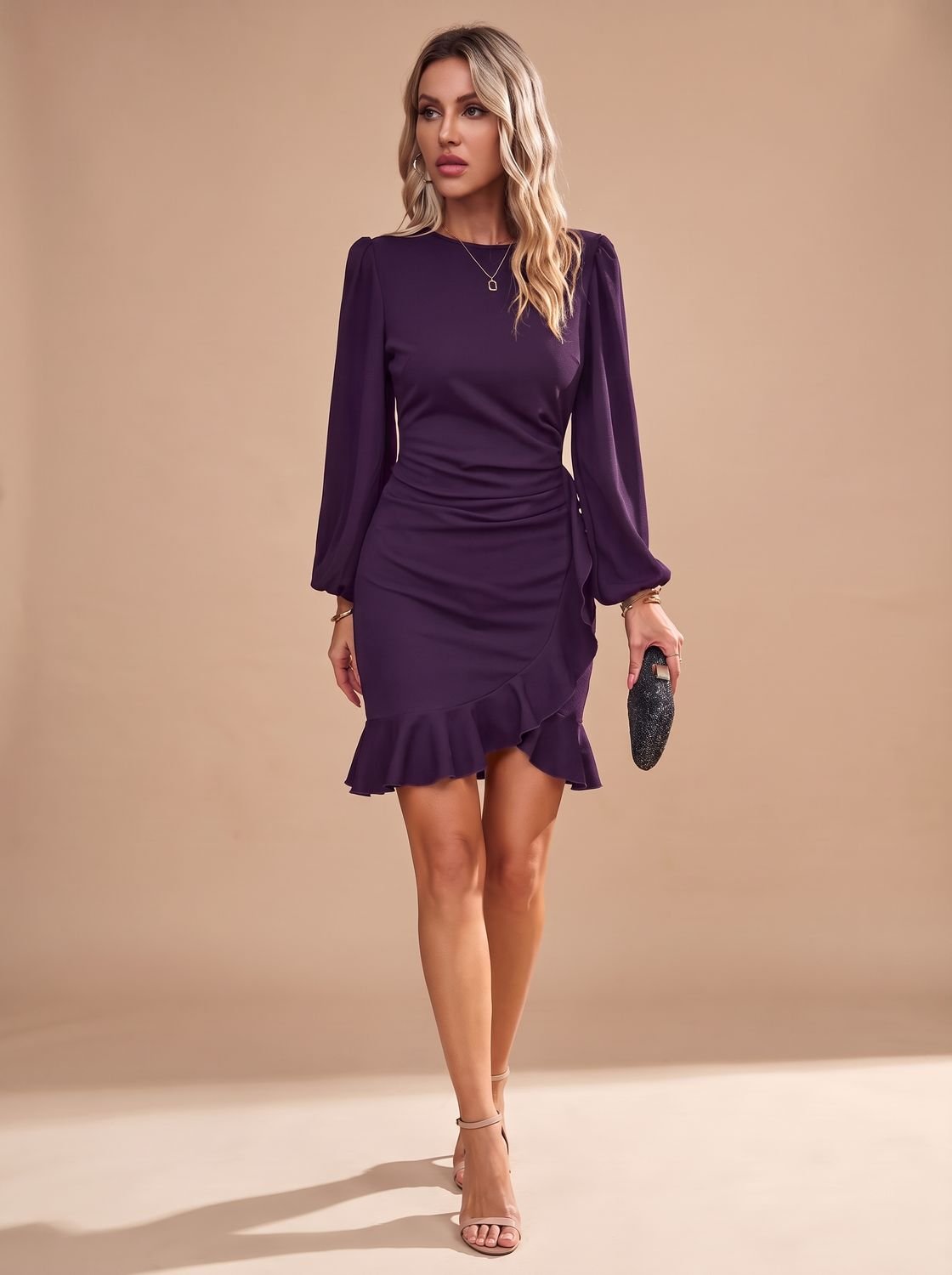Women's Christmas Party Ruffle-Hem Long-Sleeve Mini Dress