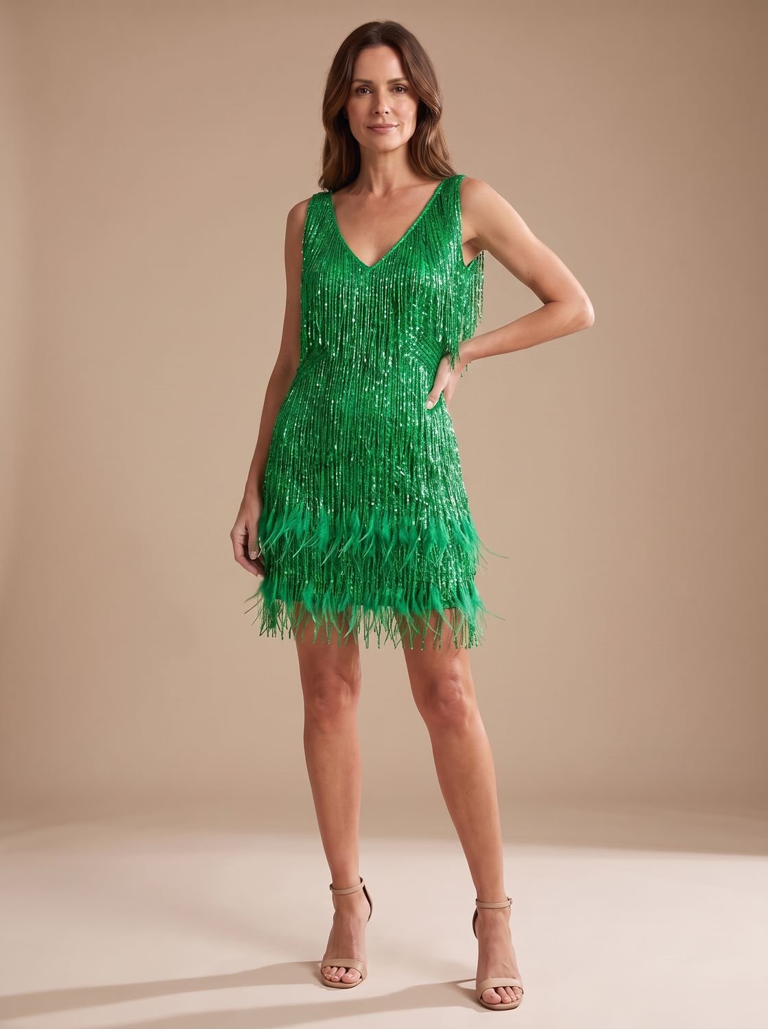 Women's Christmas Party Sequin Fringe V-Neck Mini Dress - Green