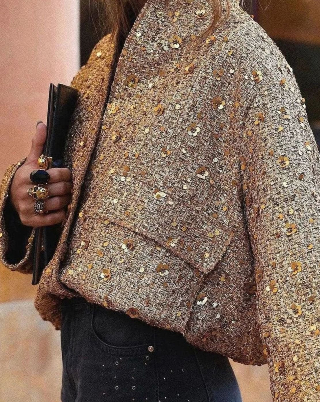 Women's City Chic Sequin Tweed Blazer Jacket - Gold