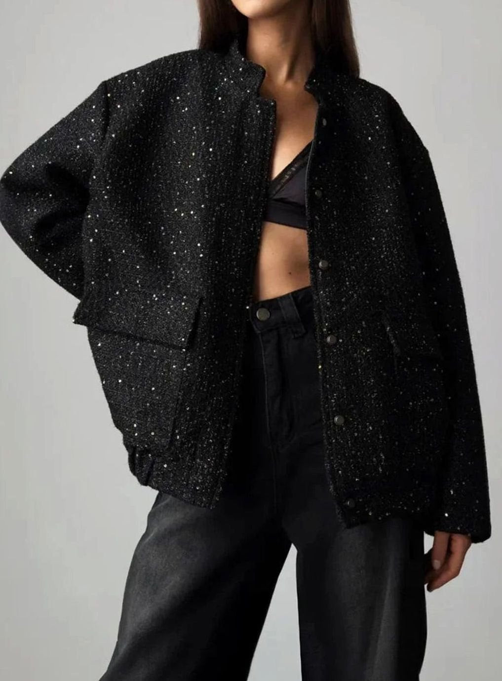 Women's City Chic Sequin Tweed Blazer Jacket - Black