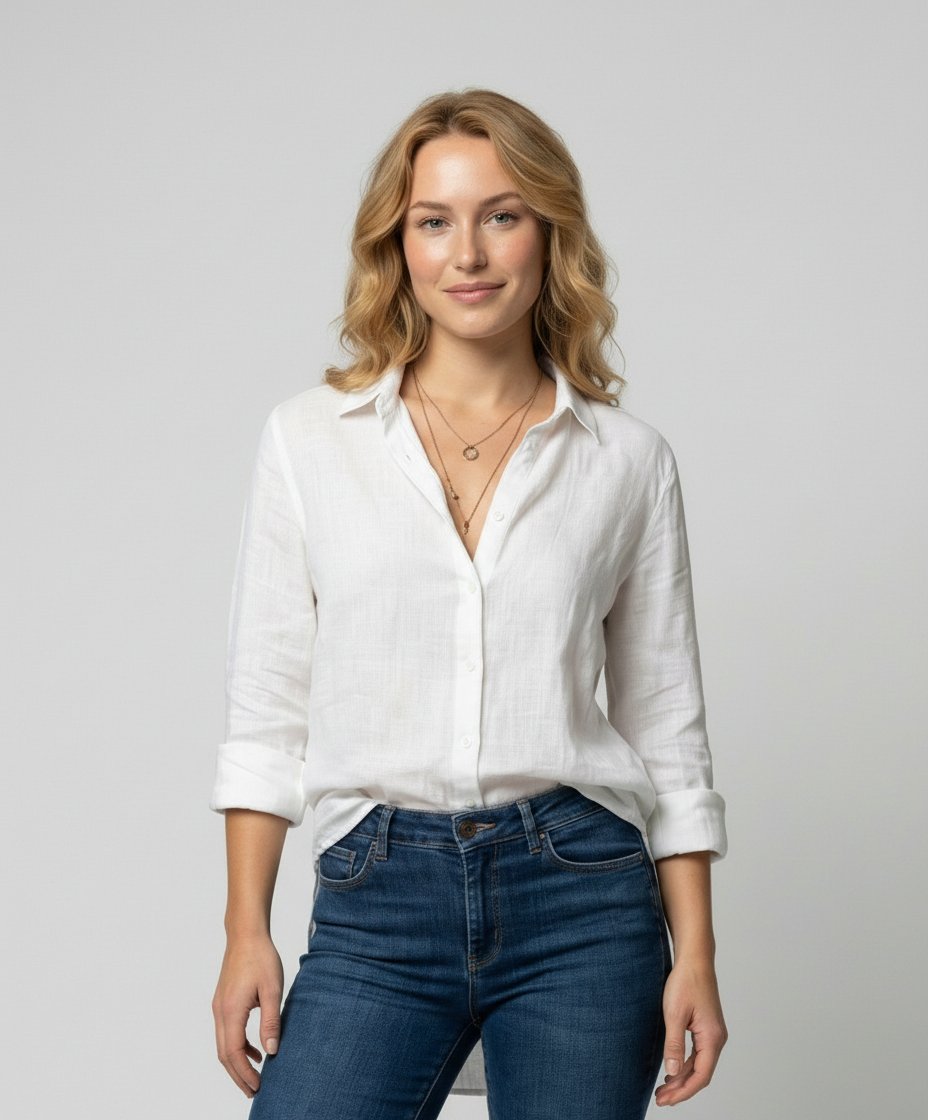 Women's Classic-Collar Three-Quarter-Sleeve Linen Shirt - White
