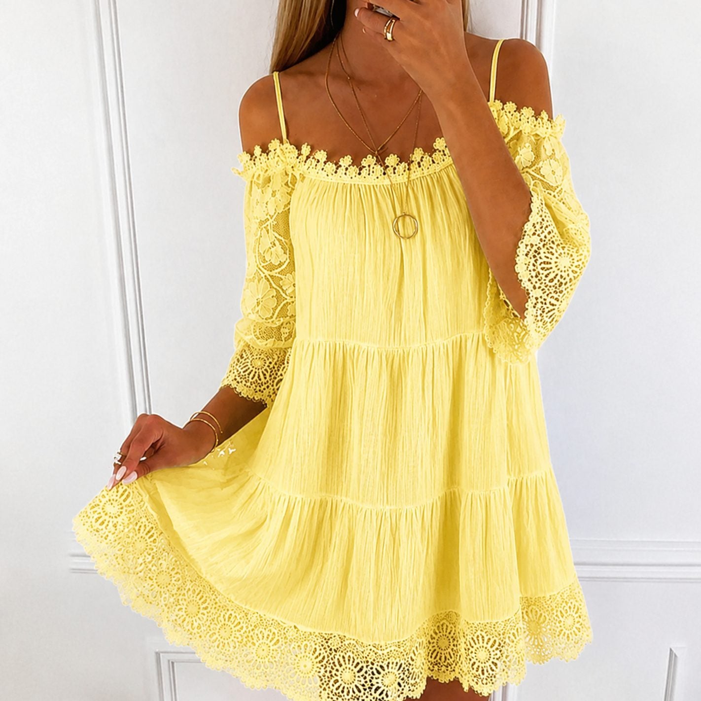 Women's Cold-Shoulder Lace-Trim Tiered Mini Dress - Yellow