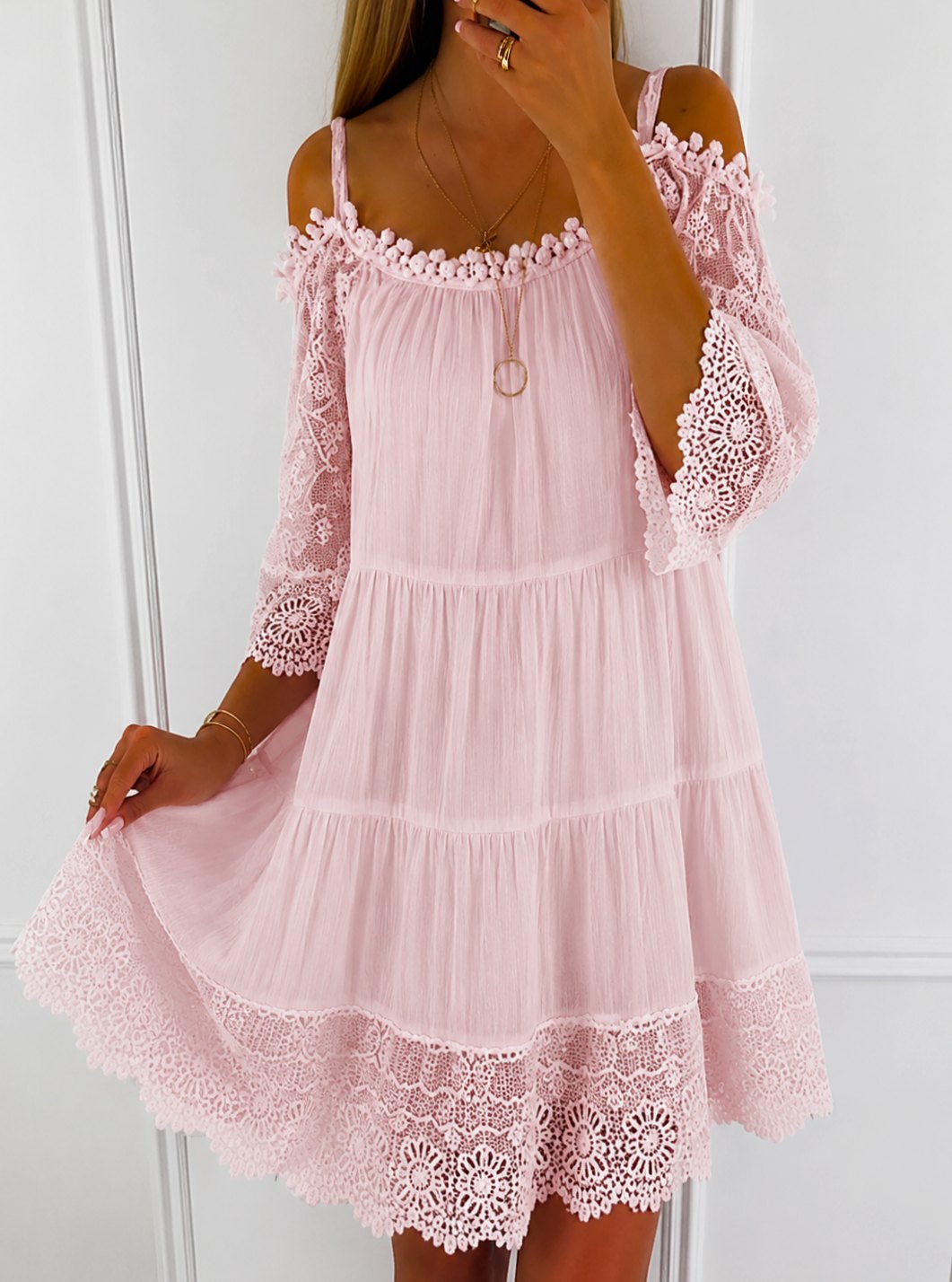 Women's Cold-Shoulder Lace-Trim Tiered Mini Dress - Pink