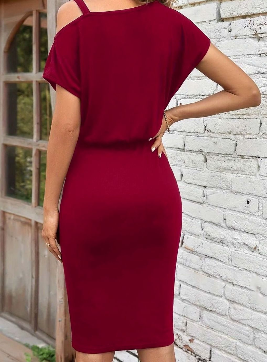 Women's Cold Shoulder Short Sleeve Formal Bodycon Dress, Burgundy