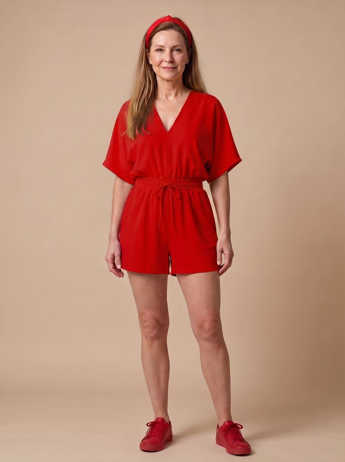 Women's Cold Shoulder Short Sleeve V-Neck Drawstring Playsuit - Red