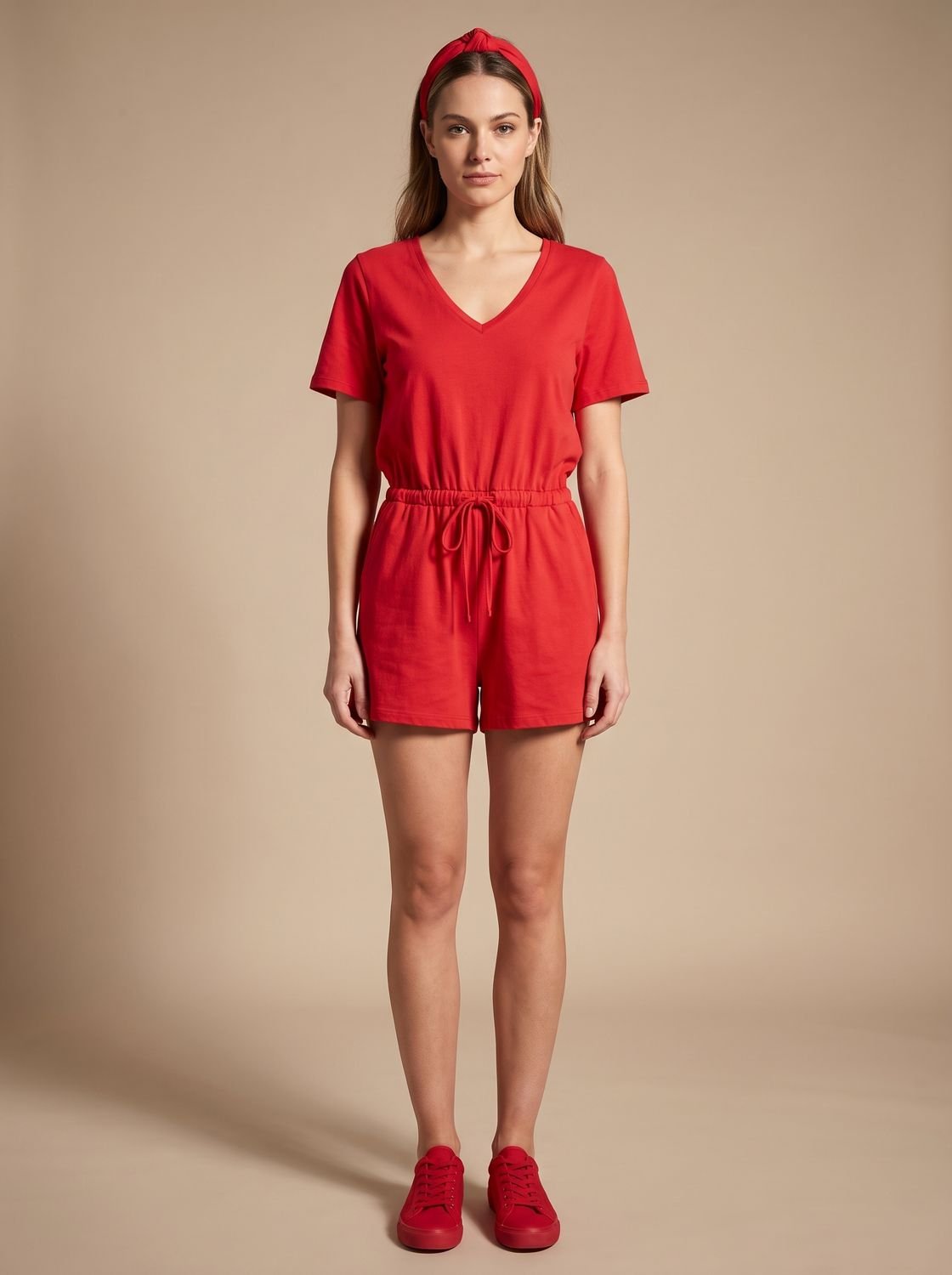 Women's Cold Shoulder Short Sleeve V-Neck Drawstring Playsuit