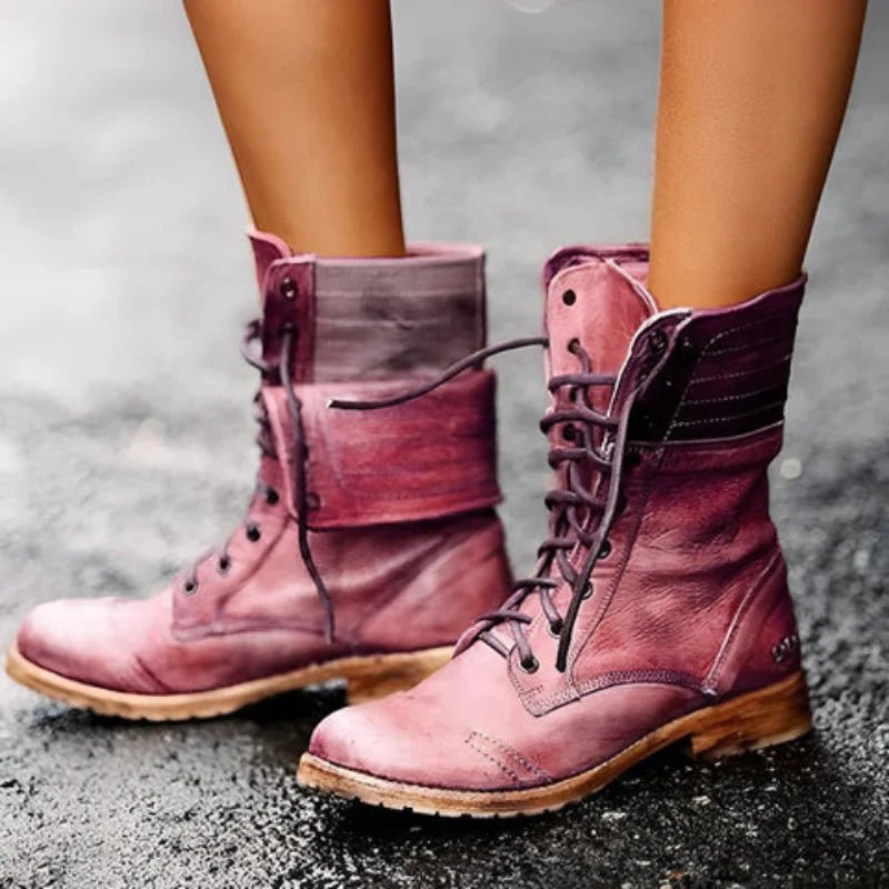 Women's Combat Boots Lace-Up Mid-Calf Leather - Carmine red