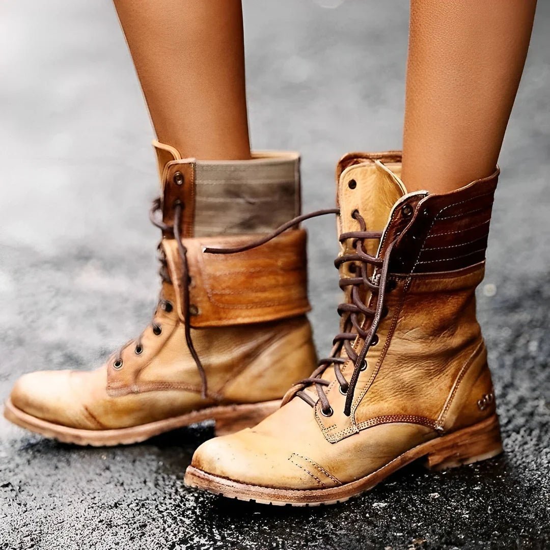 Women's Combat Boots Lace-Up Mid-Calf Leather - Khaki