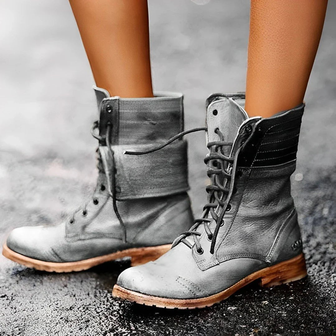 Women's Combat Boots Lace-Up Mid-Calf Leather - Gray