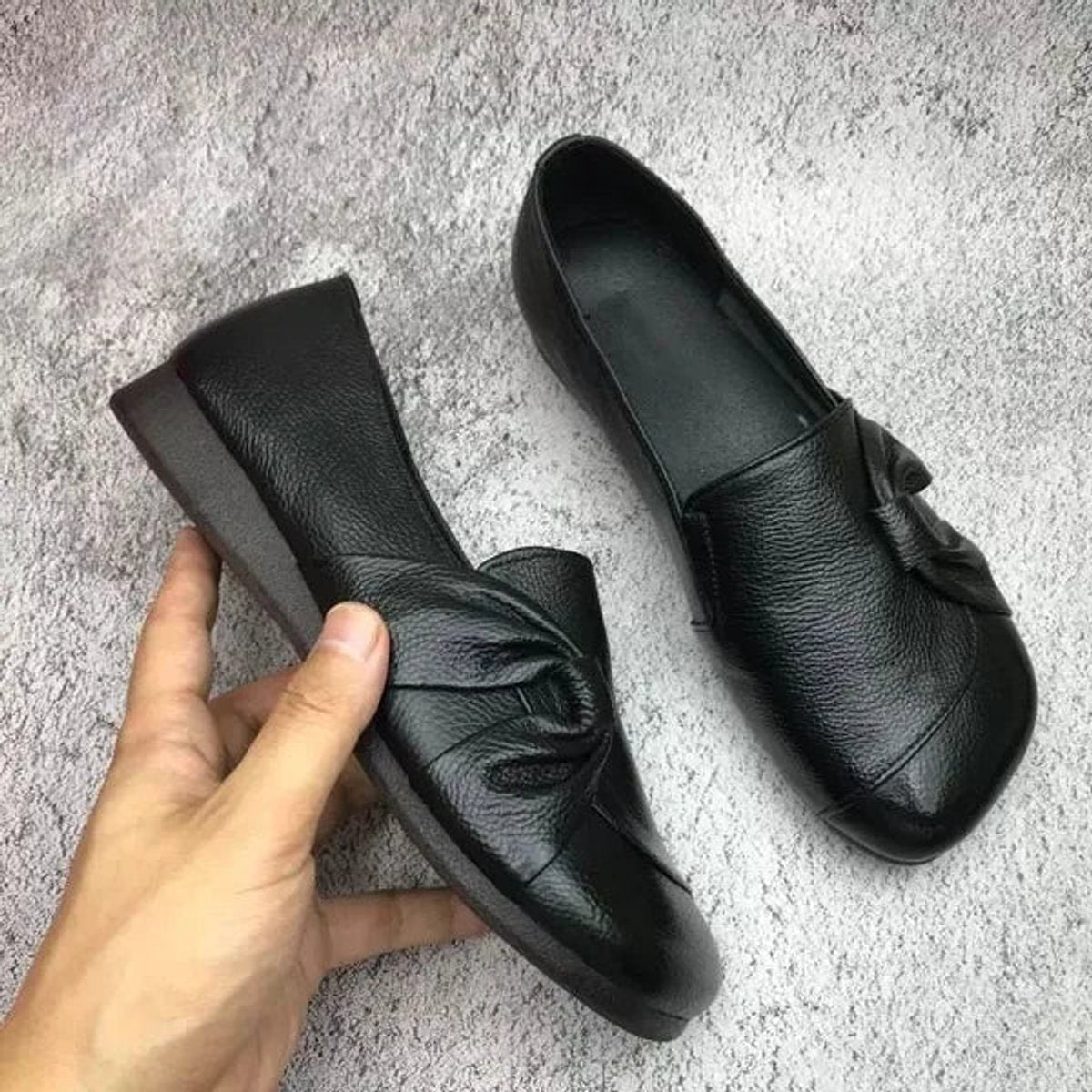 Women's Comfort Leather Slip-On Arch Support Wedge Flats - Black