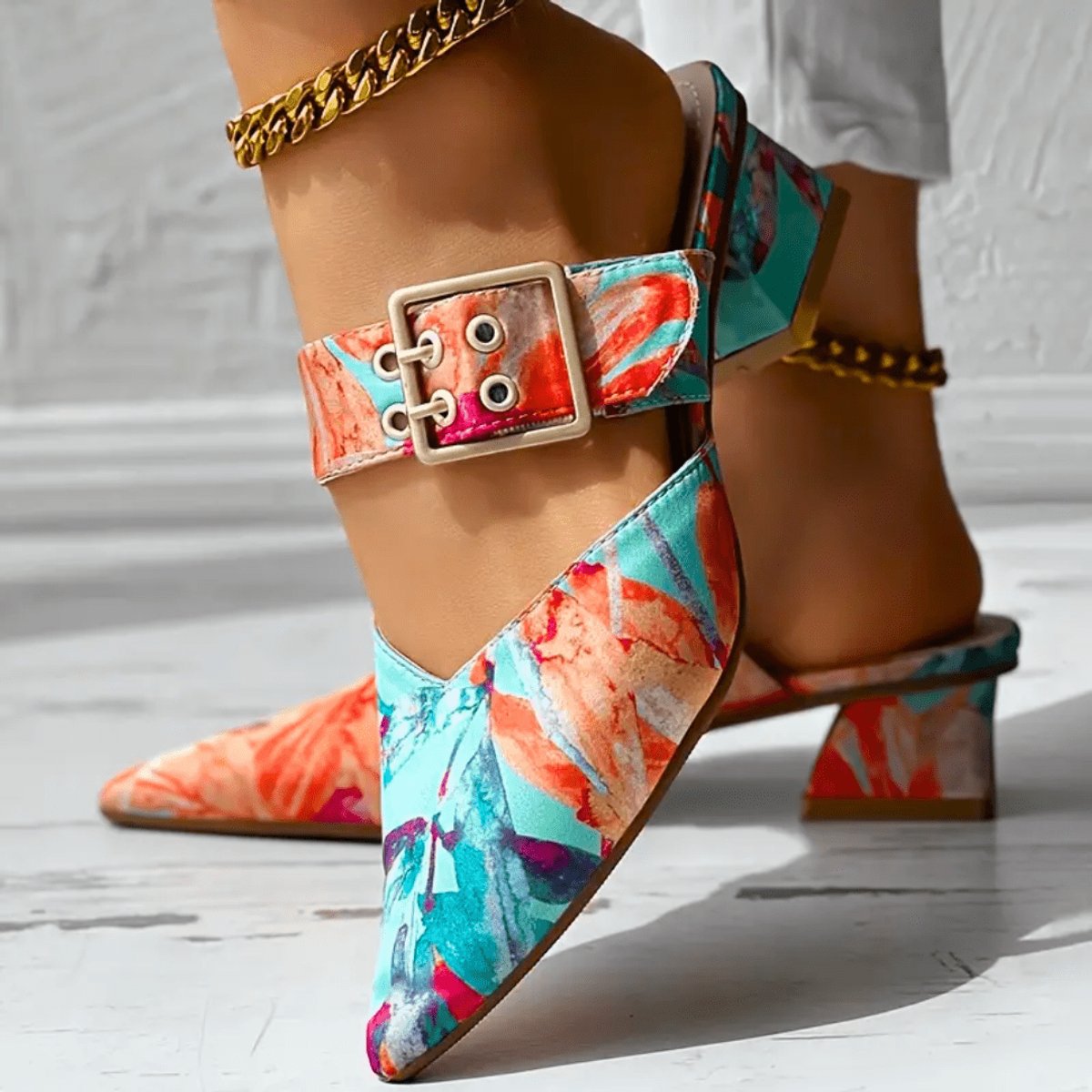 Women's Comfort Sandals Abstract Print Buckle Strap Block Heel Mules