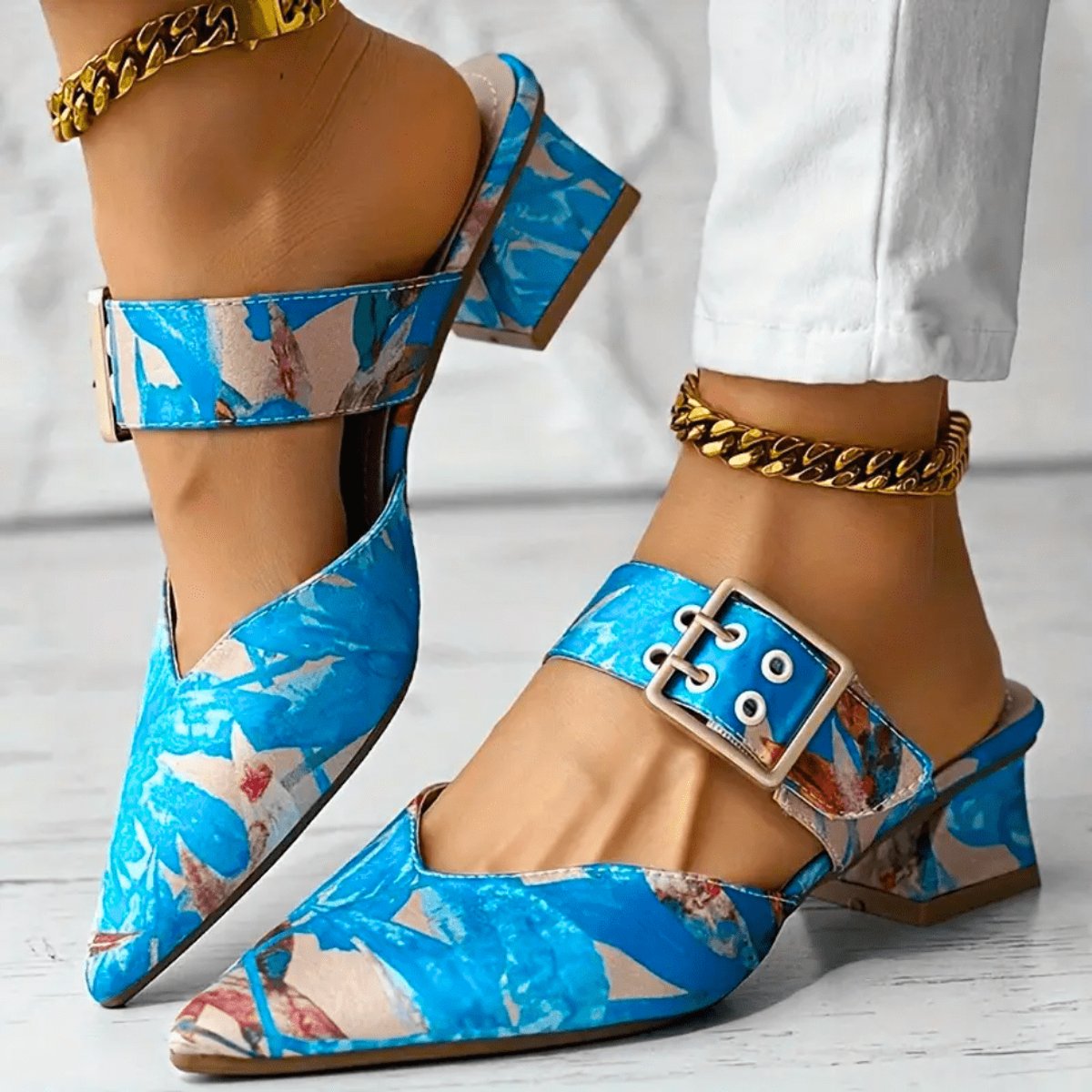 Women's Comfort Sandals Abstract Print Buckle Strap Block Heel Mules - Blue