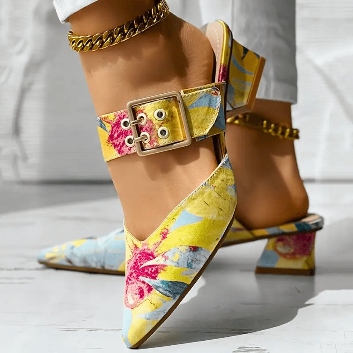 Women's Comfort Sandals Abstract Print Buckle Strap Block Heel Mules
