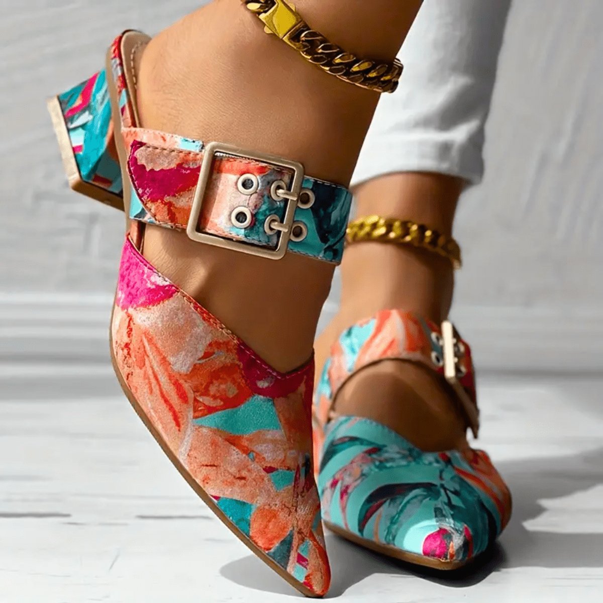 Women's Comfort Sandals Abstract Print Buckle Strap Block Heel Mules