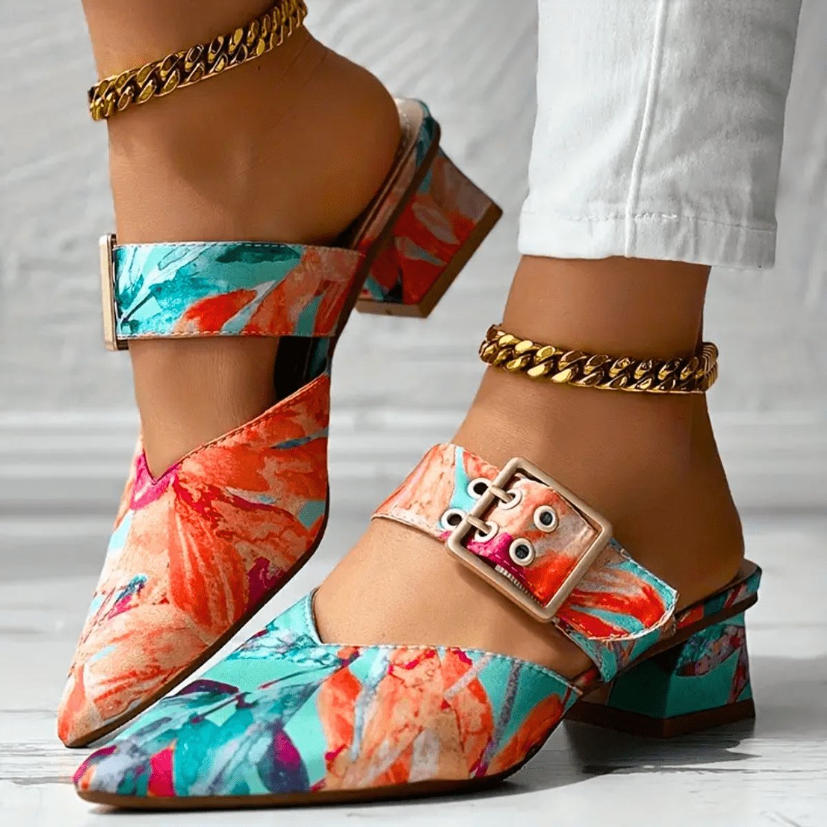 Women's Comfort Sandals Abstract Print Buckle Strap Block Heel Mules - Orange