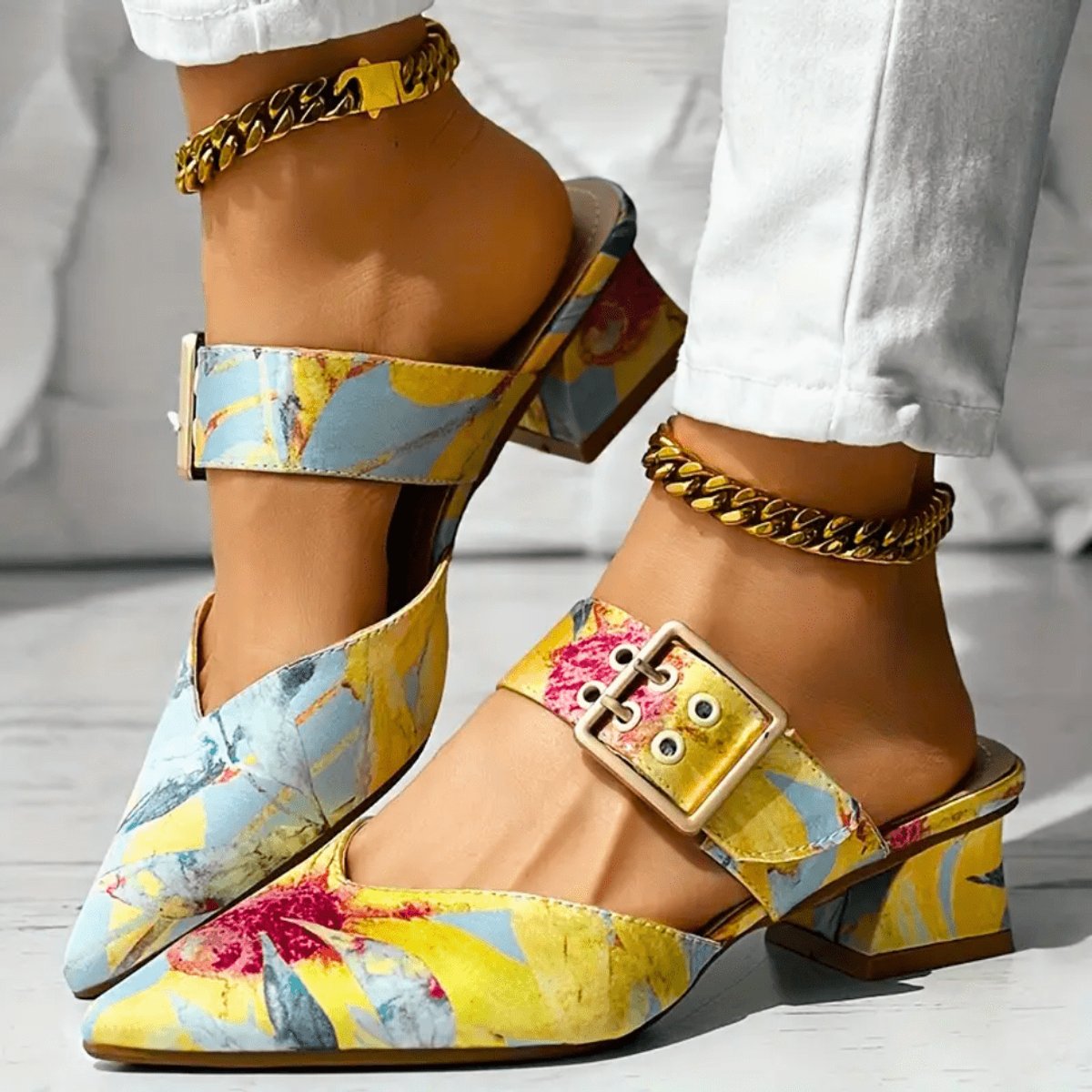 Women's Comfort Sandals Abstract Print Buckle Strap Block Heel Mules - Yellow