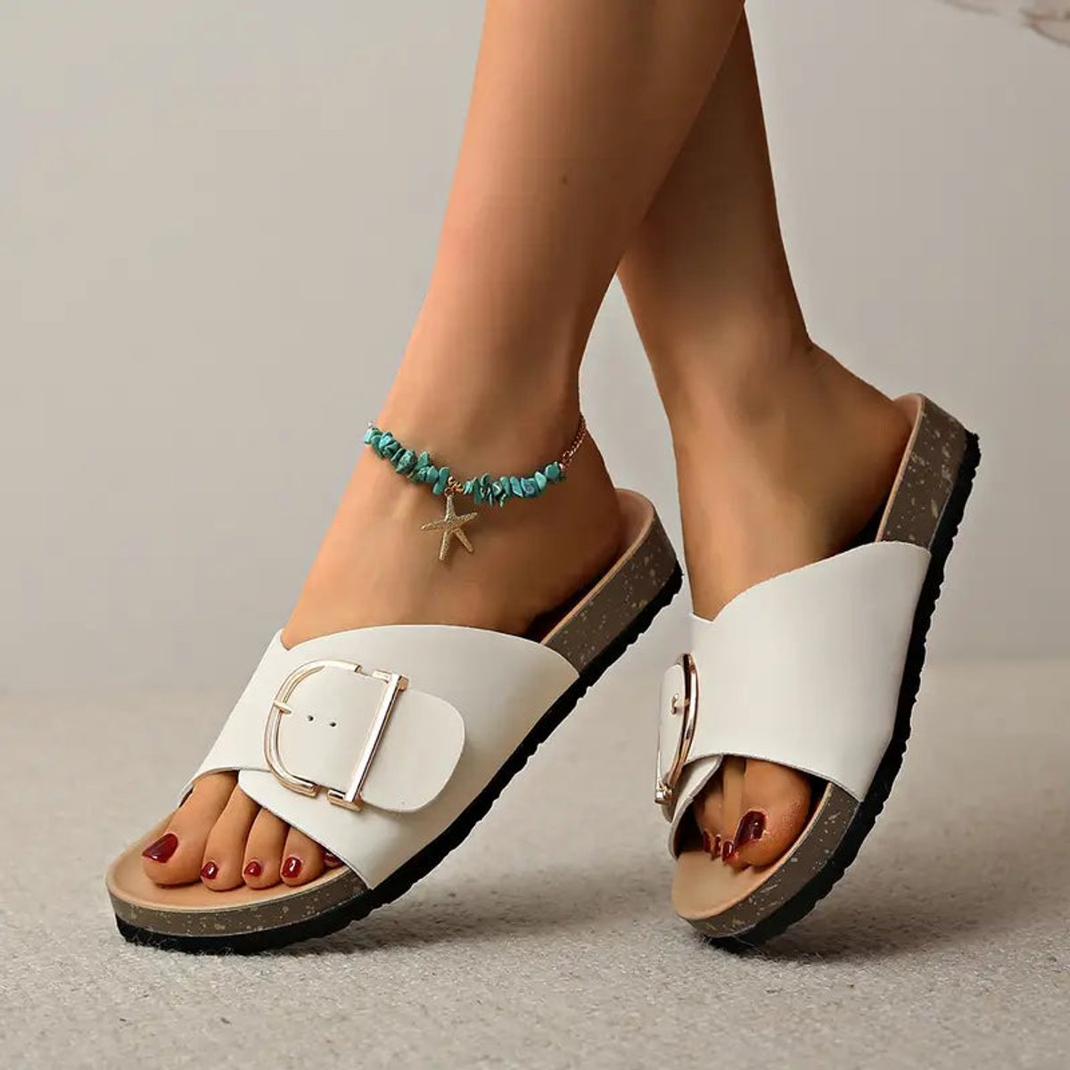 Women's Comfort Sandals Buckle Strap Cork Footbed Slides - Beige