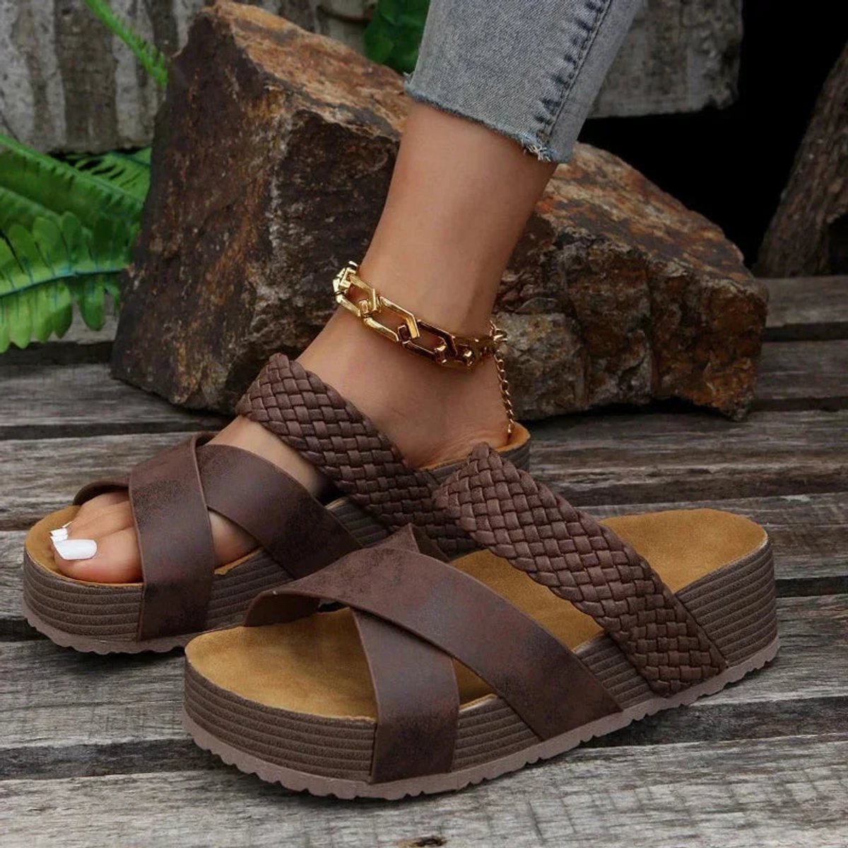 Women's Comfort Sandals Cross-Strap Orthopedic Platform Slides - Brown (Almost Sold Out)