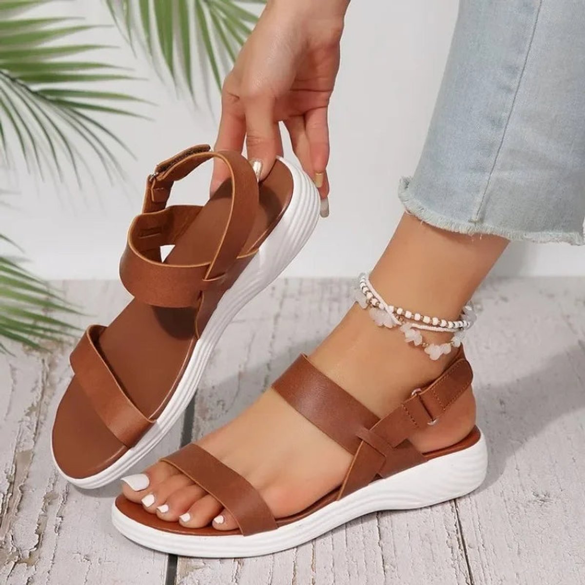 Women's Comfort Sandals Open Toe Adjustable Buckle Flatform - Brown
