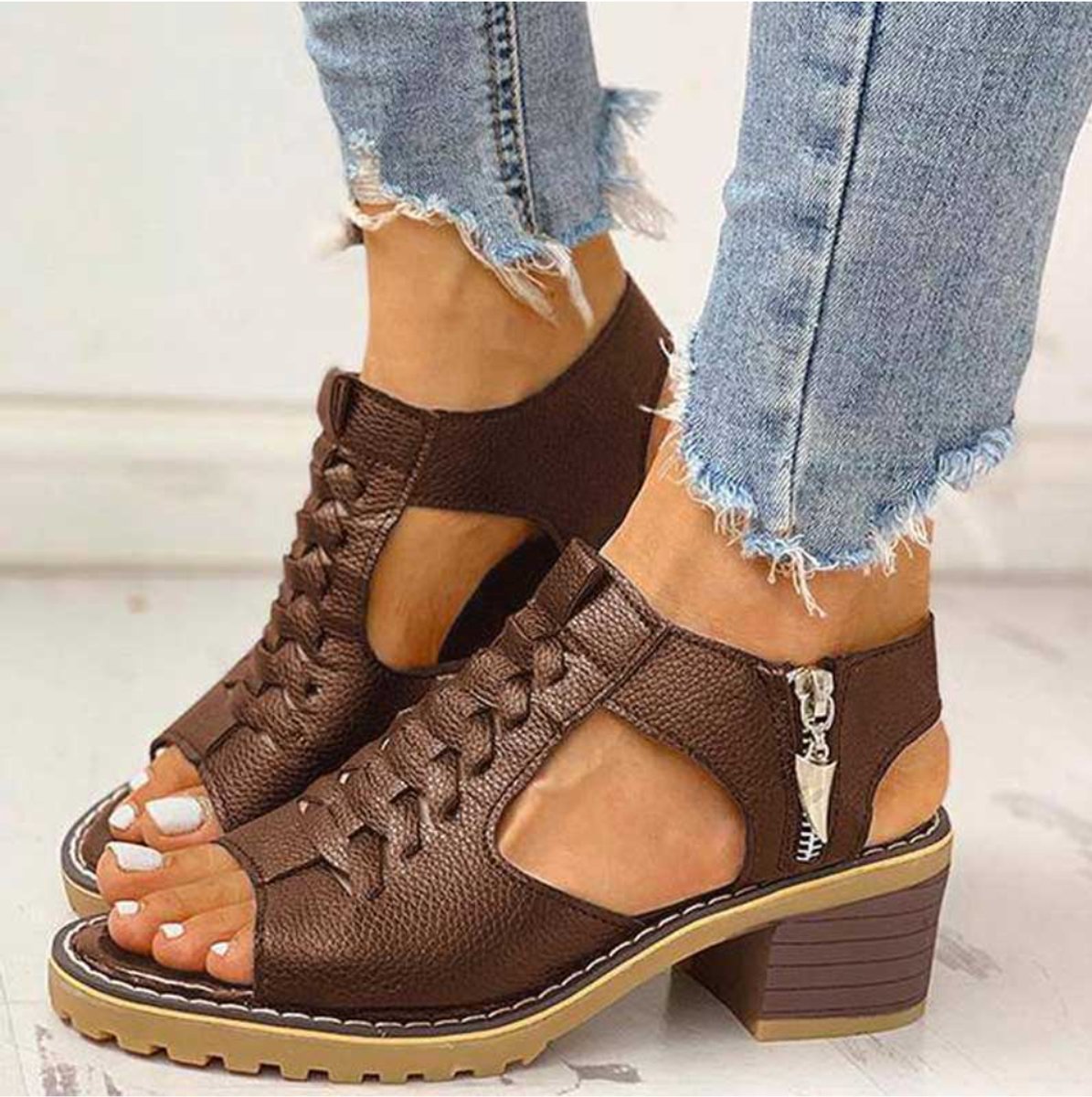 Women's Comfort Sandals Open-Toe Block Heel Side-Zip Orthopedic Sandals - Brown