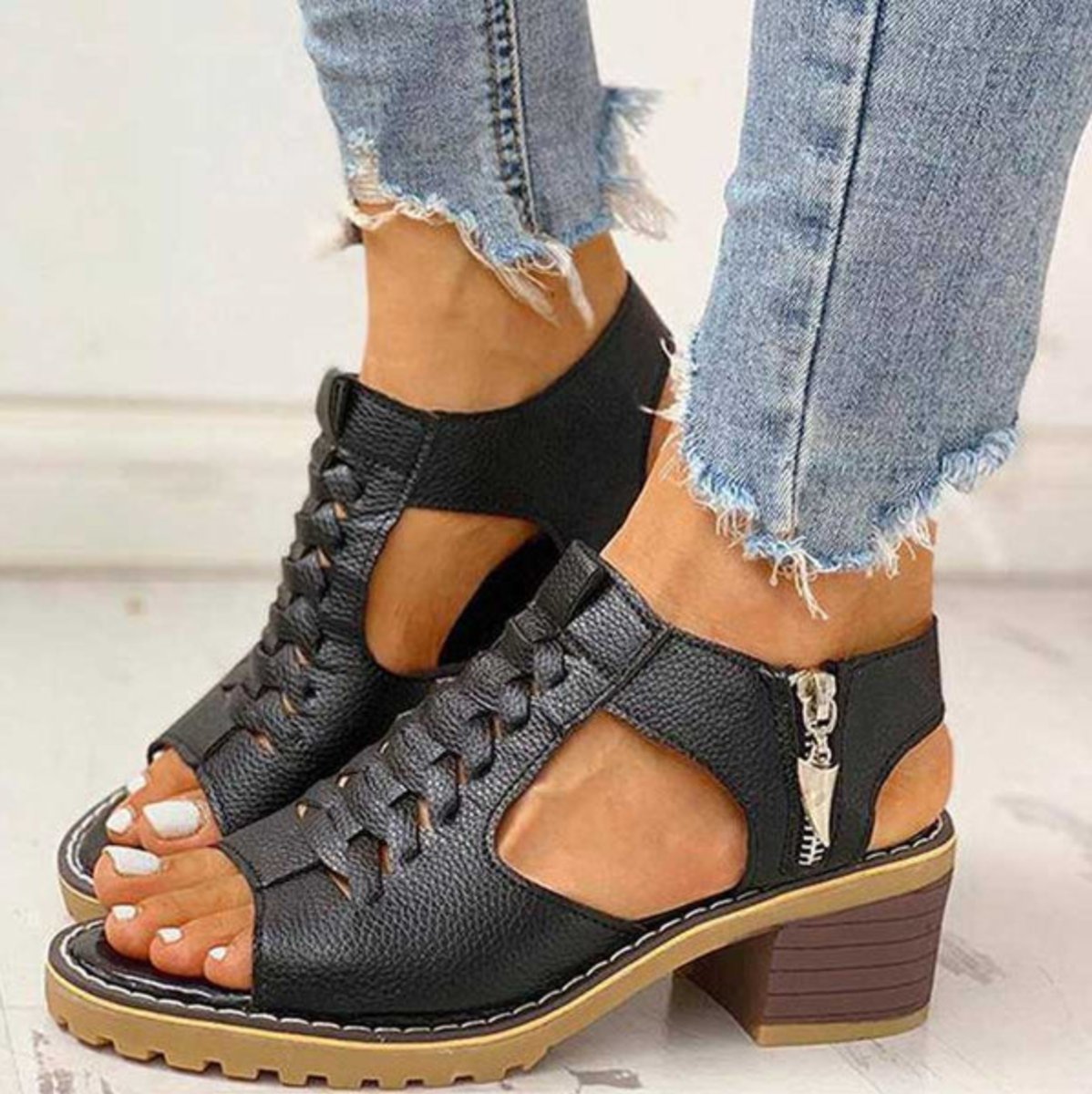 Women's Comfort Sandals Open-Toe Block Heel Side-Zip Orthopedic Sandals - Black