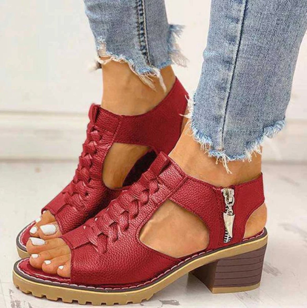 Women's Comfort Sandals Open-Toe Block Heel Side-Zip Orthopedic Sandals - Red