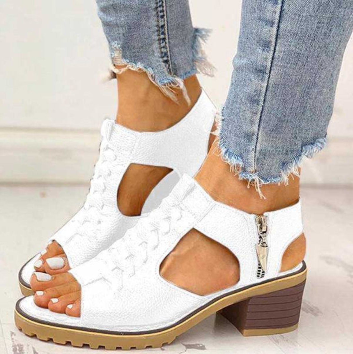 Women's Comfort Sandals Open-Toe Block Heel Side-Zip Orthopedic Sandals - White
