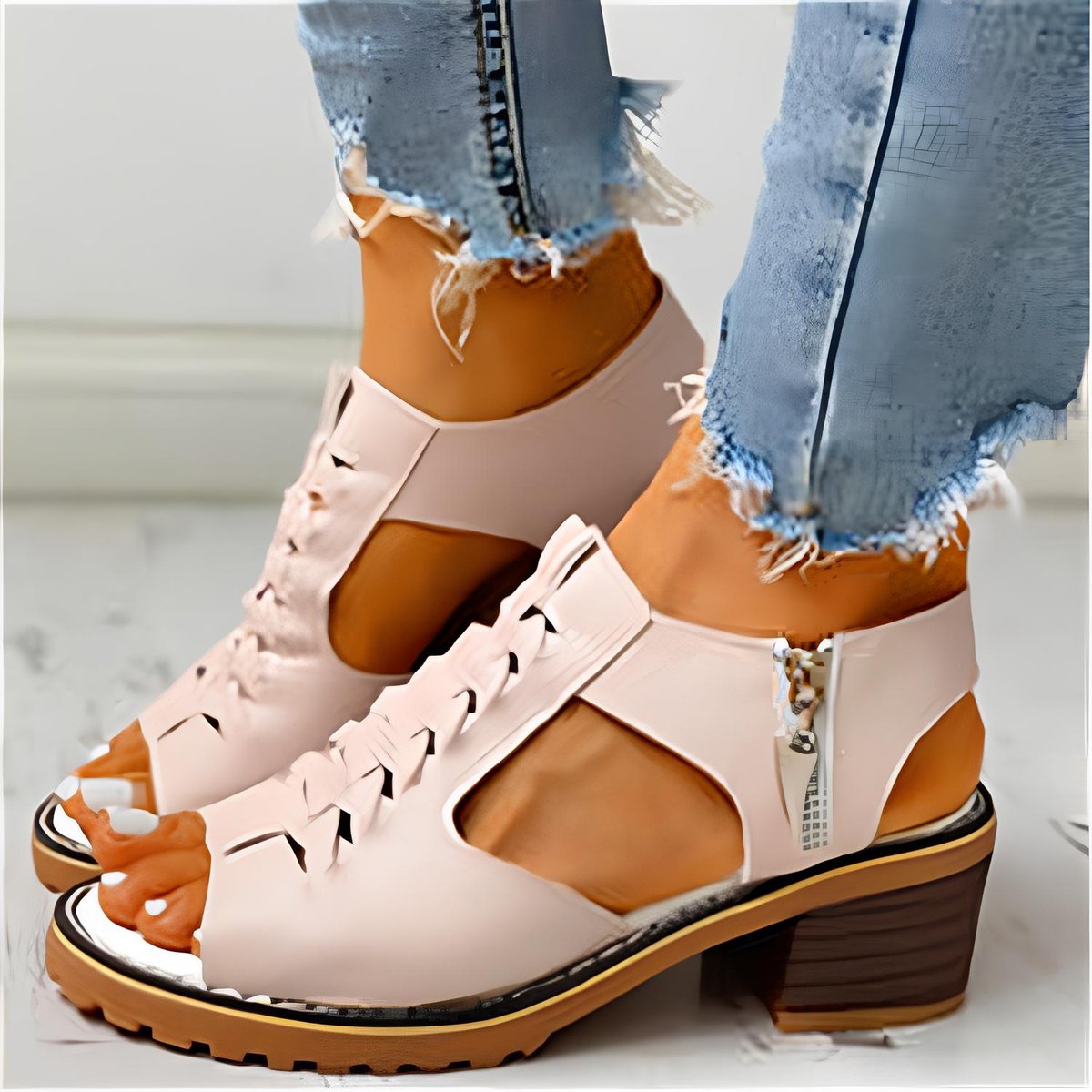 Women's Comfort Sandals Open-Toe Block Heel Side-Zip Orthopedic Sandals - Apricot