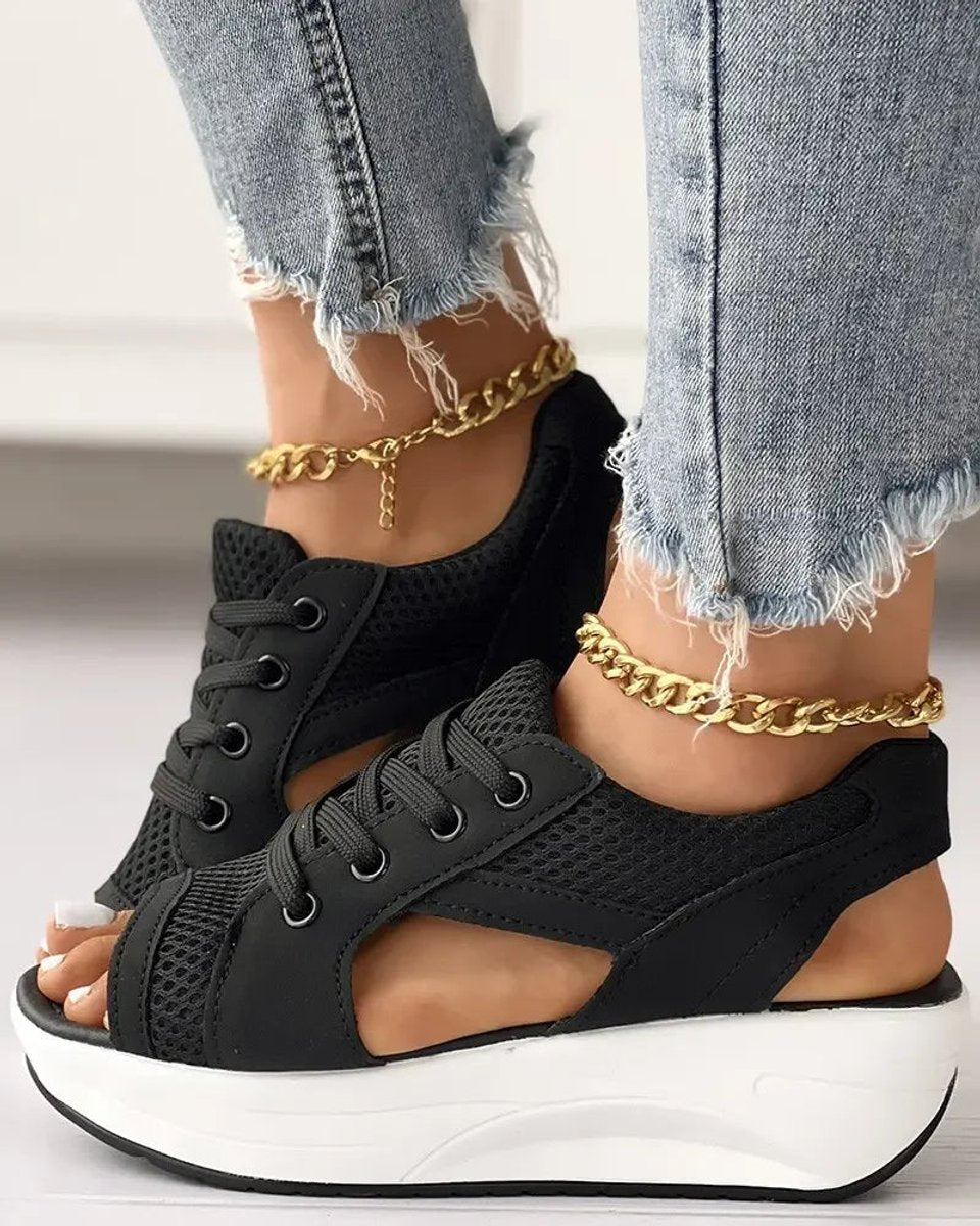 Women's Comfort Sandals Open-Toe Lace-Up Mesh Platform Wedge - Black