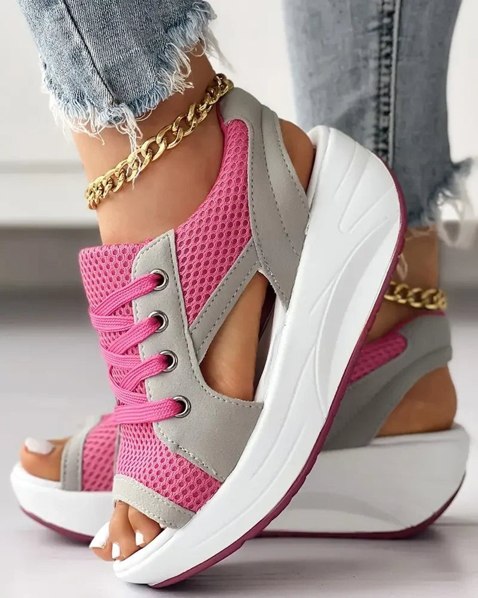 Women's Comfort Sandals Open-Toe Lace-Up Mesh Platform Wedge - Hot Pink