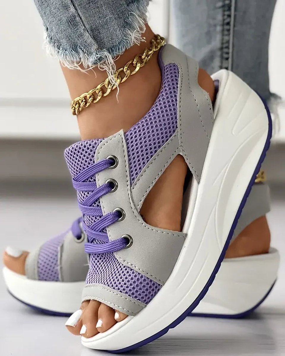 Women's Comfort Sandals Open-Toe Lace-Up Mesh Platform Wedge - Purple