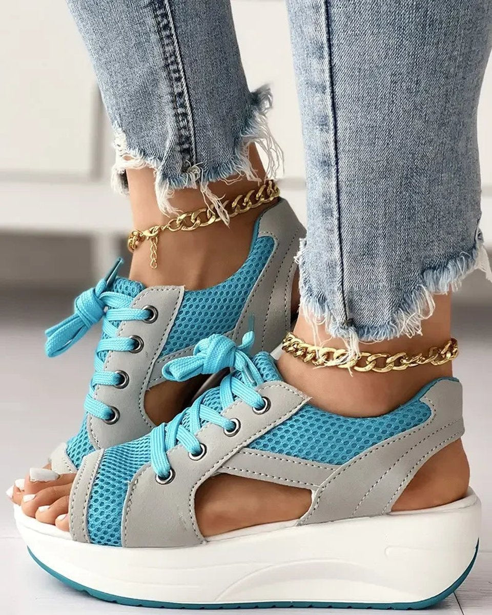 Women's Comfort Sandals Open-Toe Lace-Up Mesh Platform Wedge - Blue