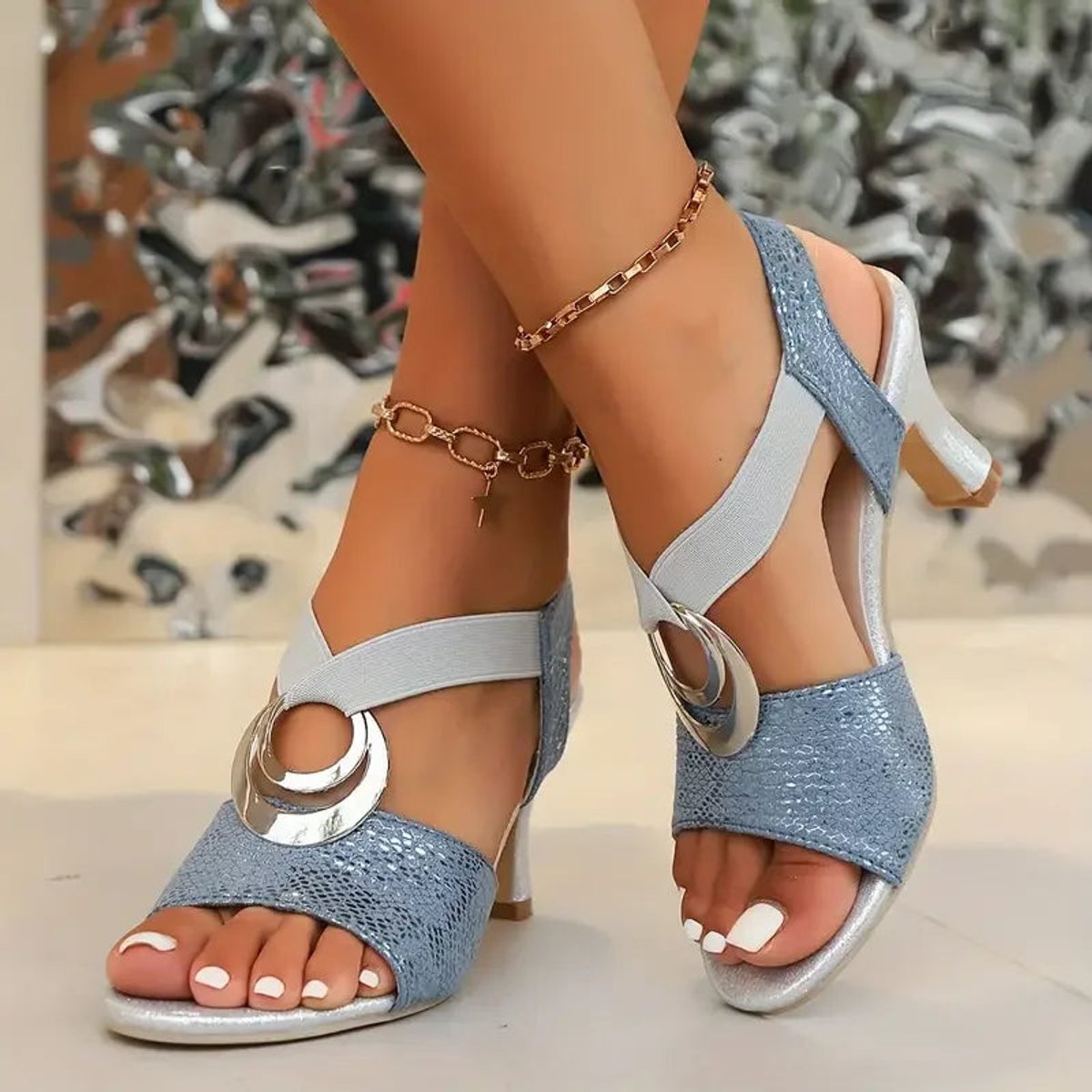Women's Comfort Sandals Open-Toe Metallic-Accent Mid-Heel - Blue