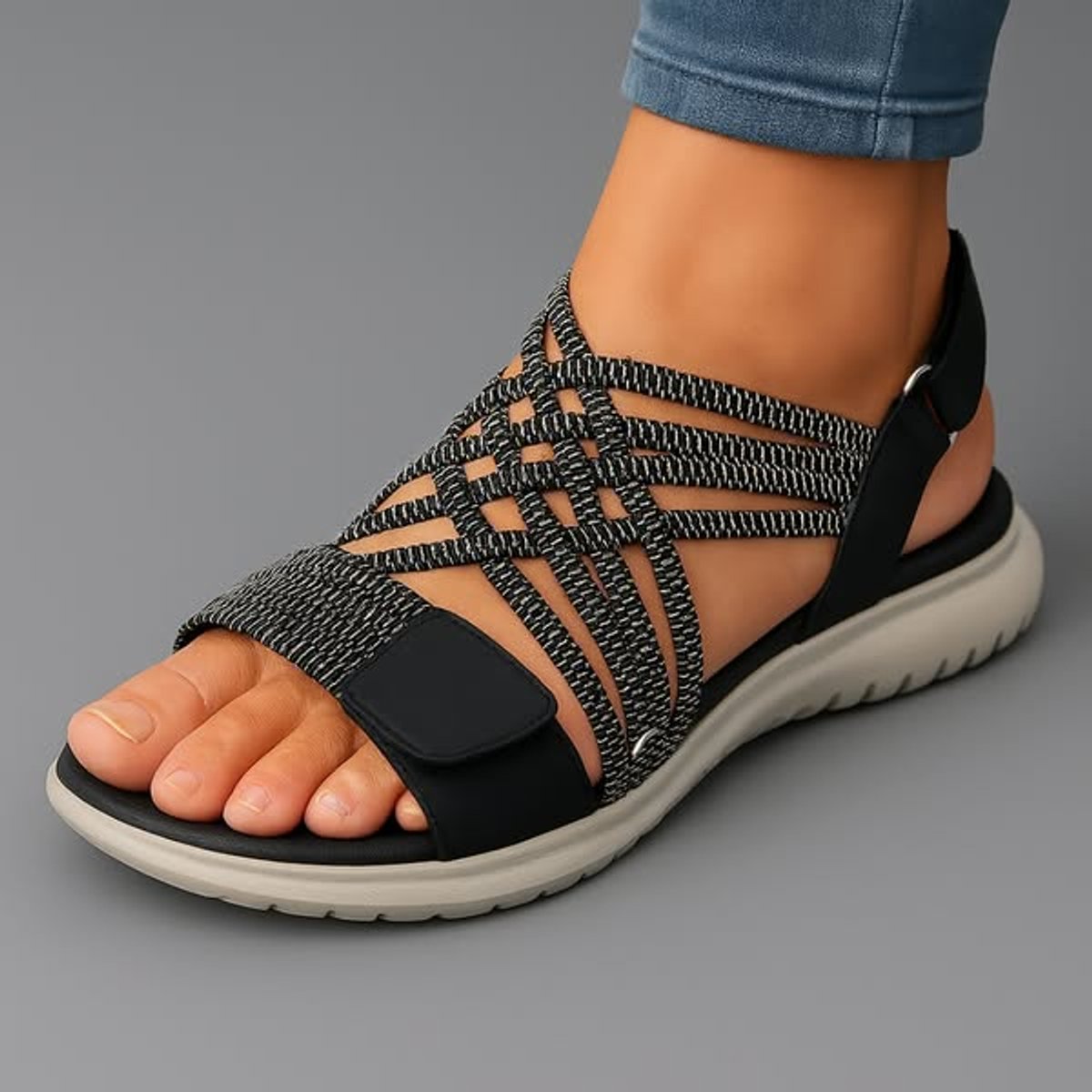 Women's Comfort Sandals Orthopedic Open-Toe Woven Elastic Slingback - Black