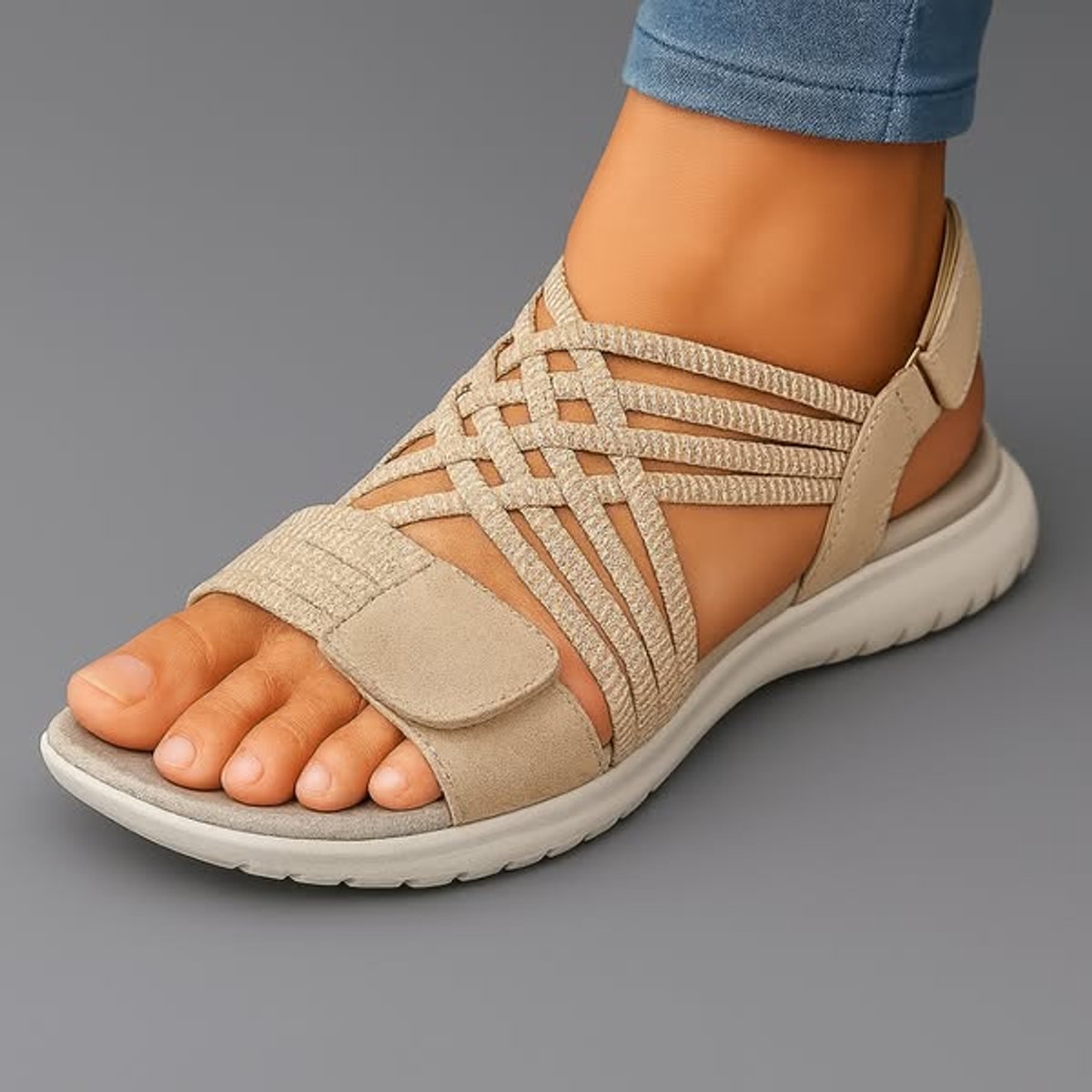 Women's Comfort Sandals Orthopedic Open-Toe Woven Elastic Slingback - Beige