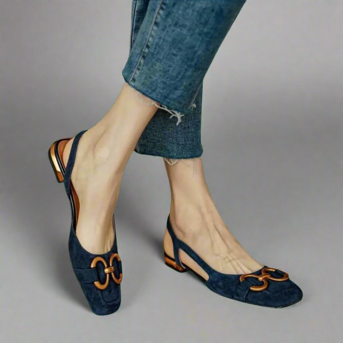 Women's Comfort Sandals Slingback Block Heel Gold-Buckle Flats - Dark Blue