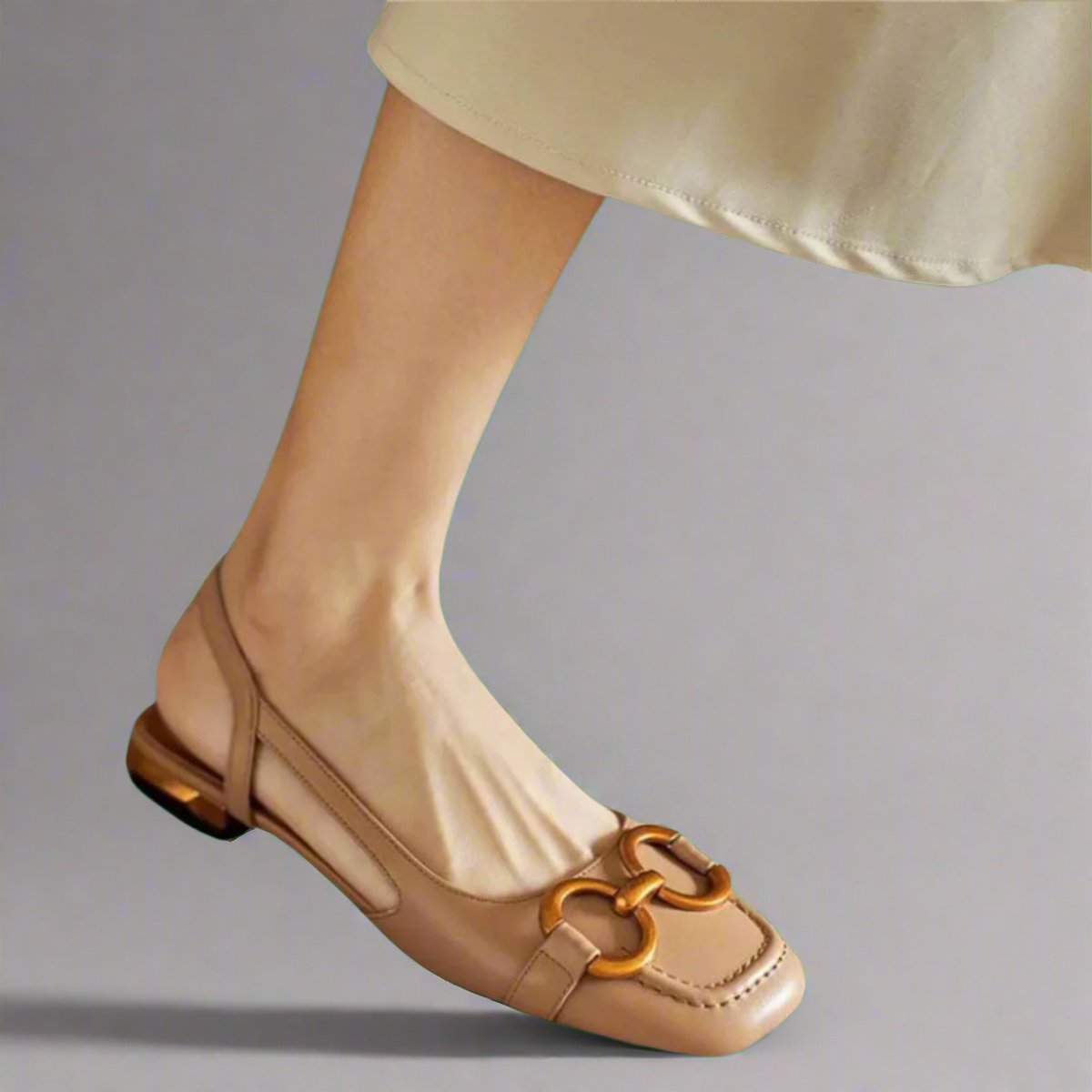 Women's Comfort Sandals Slingback Block Heel Gold-Buckle Flats - Brown