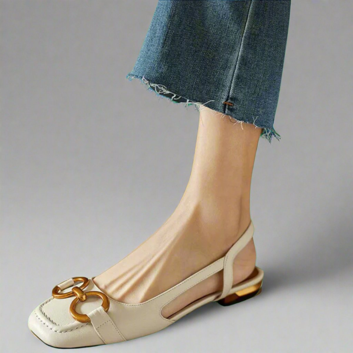 Women's Comfort Sandals Slingback Block Heel Gold-Buckle Flats - Beige