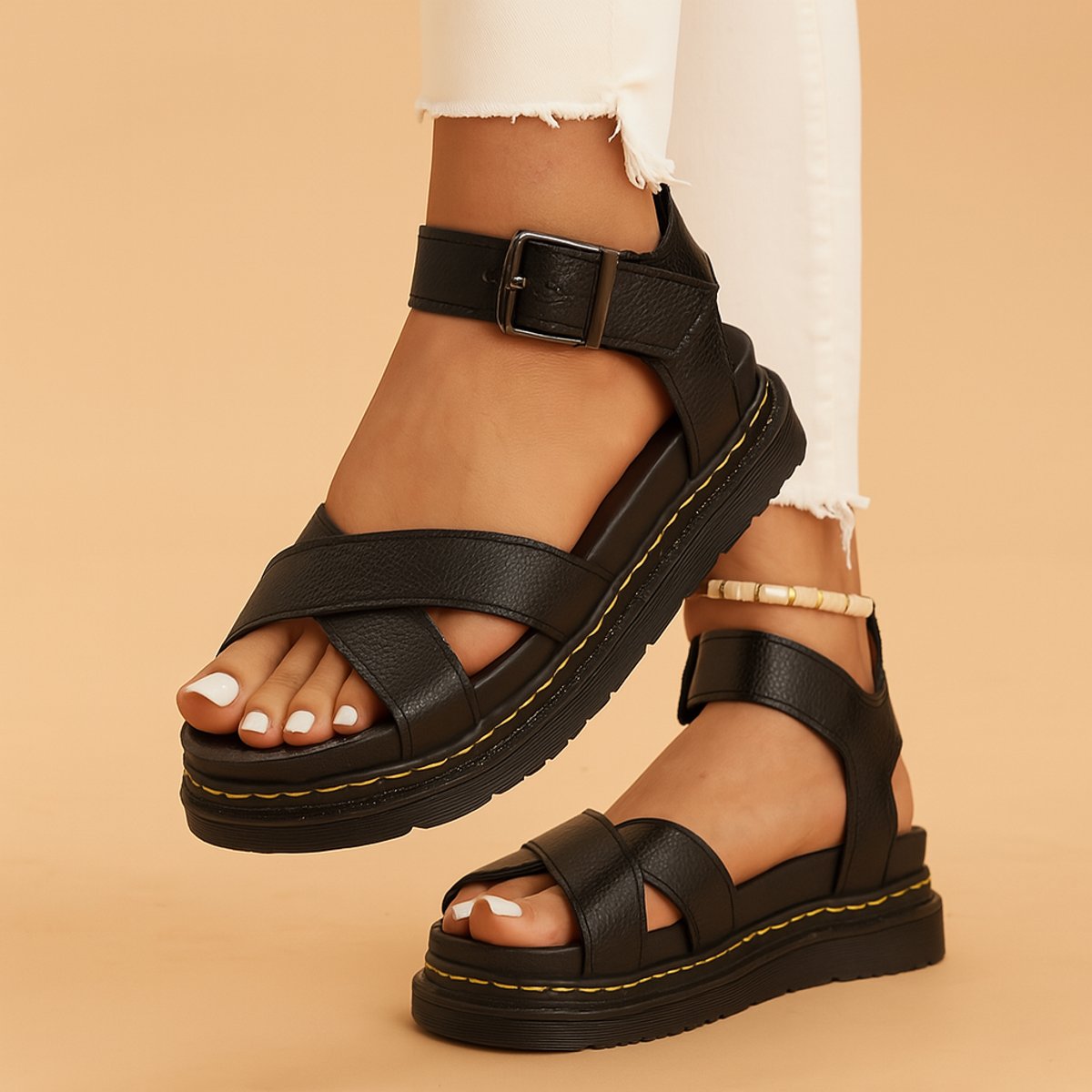 Women's Comfort Sandals Strappy Platform Buckle Open-Toe - Black