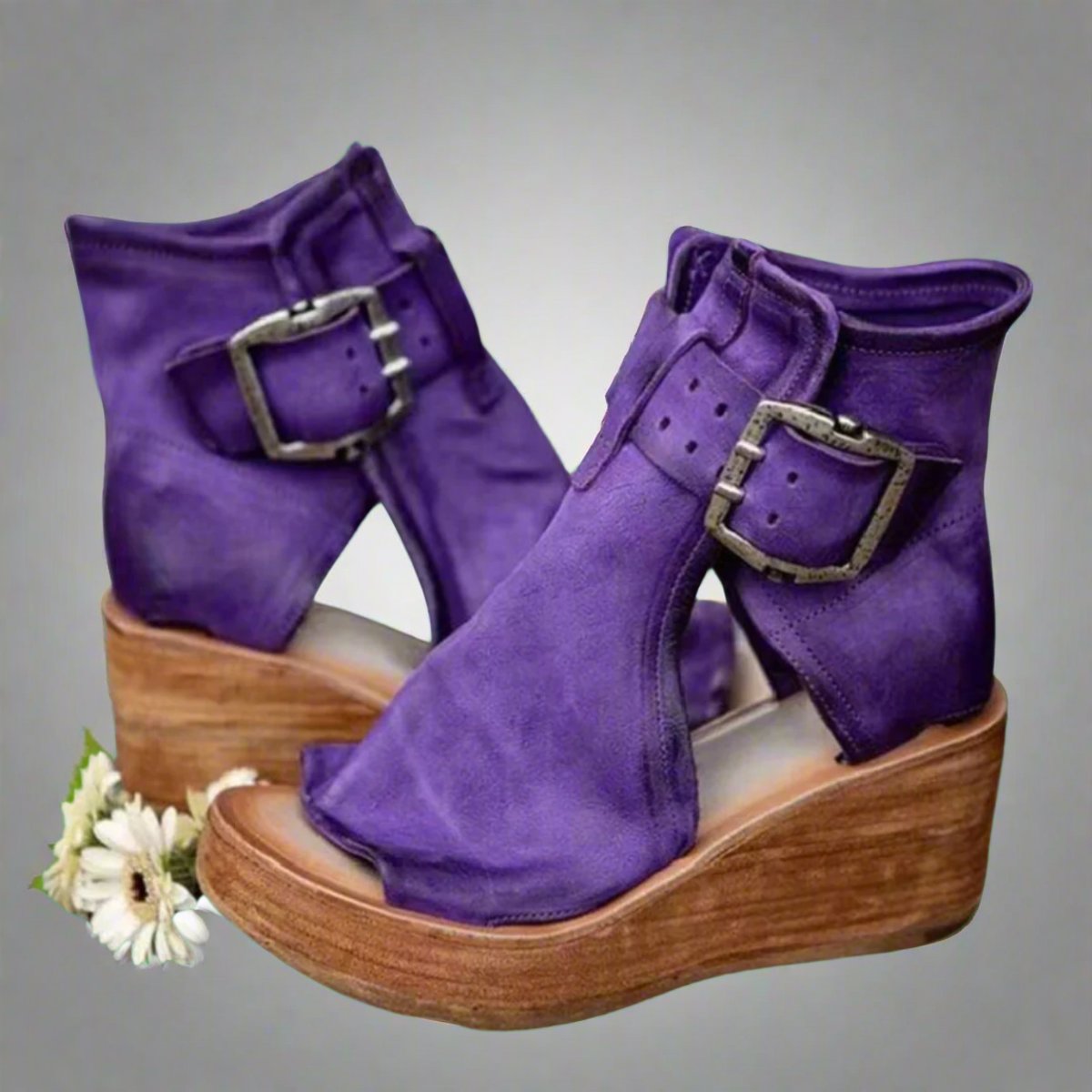 Women's Comfort Sandals Wedge Platform Buckle Leather Ankle Booties - Purple