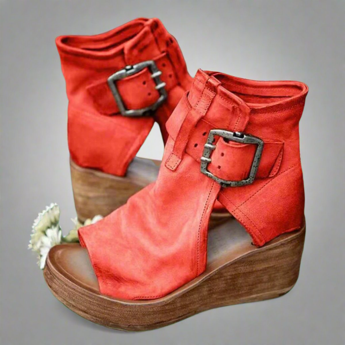 Women's Comfort Sandals Wedge Platform Buckle Leather Ankle Booties - Red