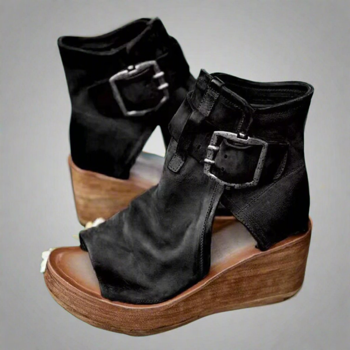 Women's Comfort Sandals Wedge Platform Buckle Leather Ankle Booties - Black