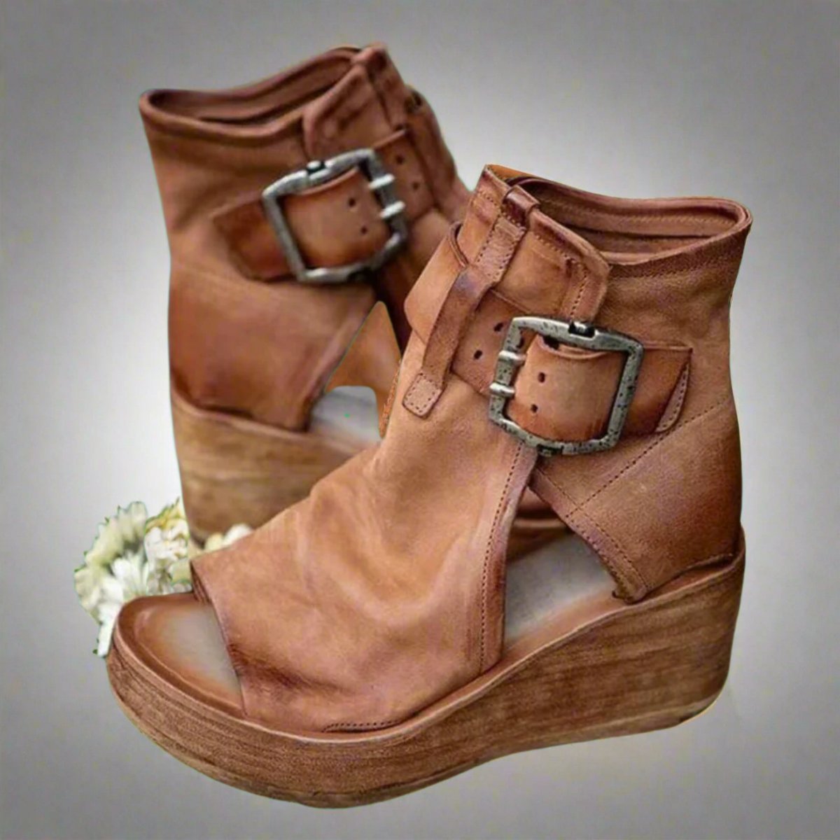 Women's Comfort Sandals Wedge Platform Buckle Leather Ankle Booties - Brown