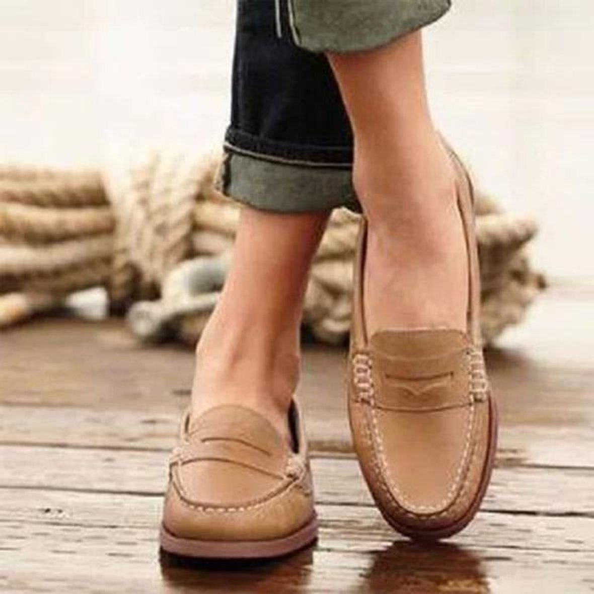 Women's Comfort Slip-On Flat Penny Loafers PU Leather - Khaki