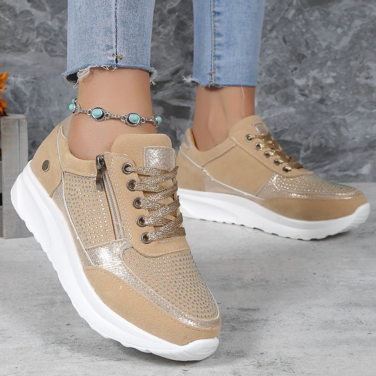 Women's Comfort Sneakers Lace-Up Crystal Detail Side-Zip Trainers - Beige